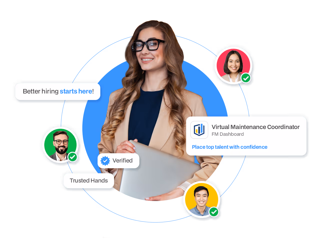 Recruitment infographic featuring a professional woman surrounded by verified candidate profiles, including a "Virtual Maintenance Coordinator" role.