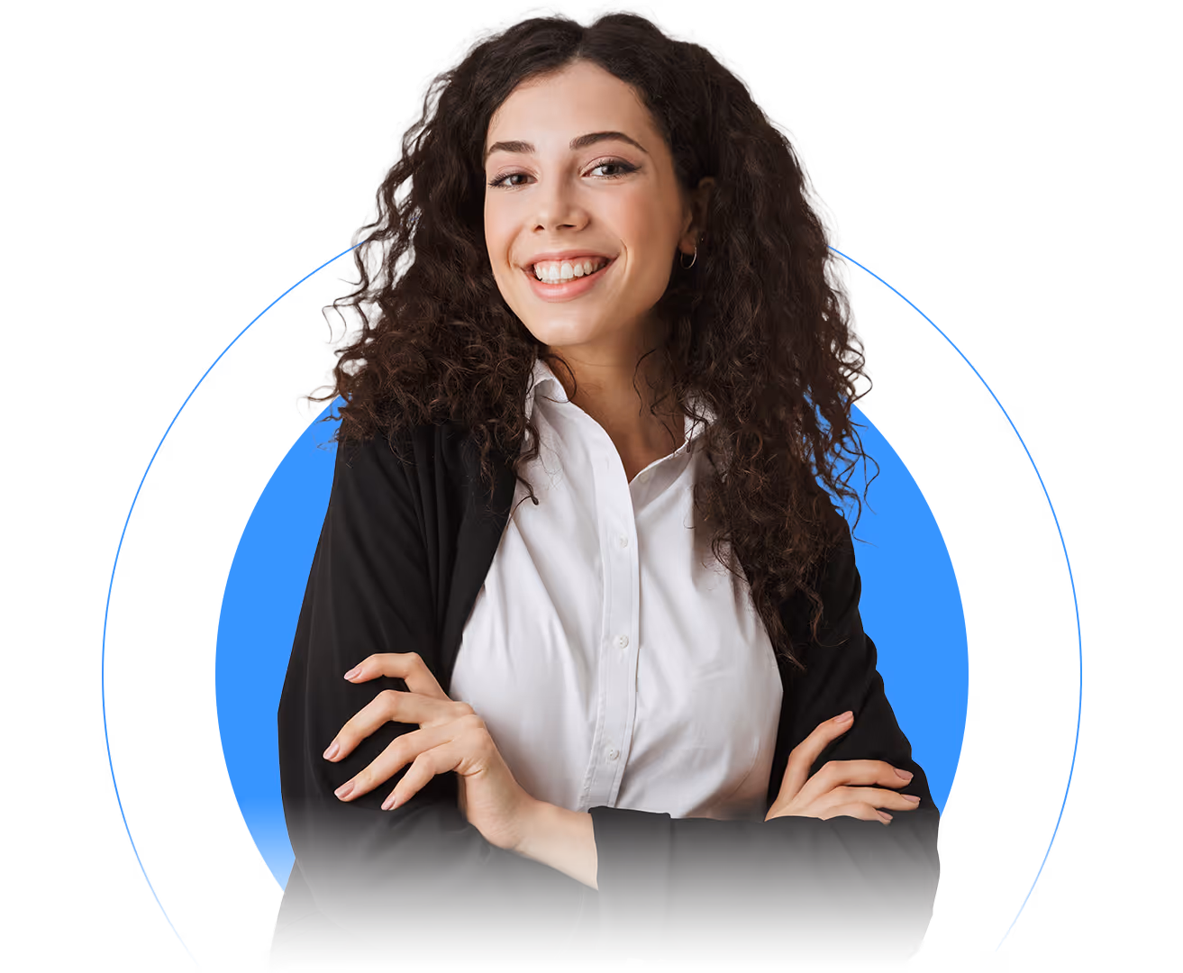 A smiling woman with curly hair wearing a white shirt and black blazer, standing with arms crossed against a blue circular background.