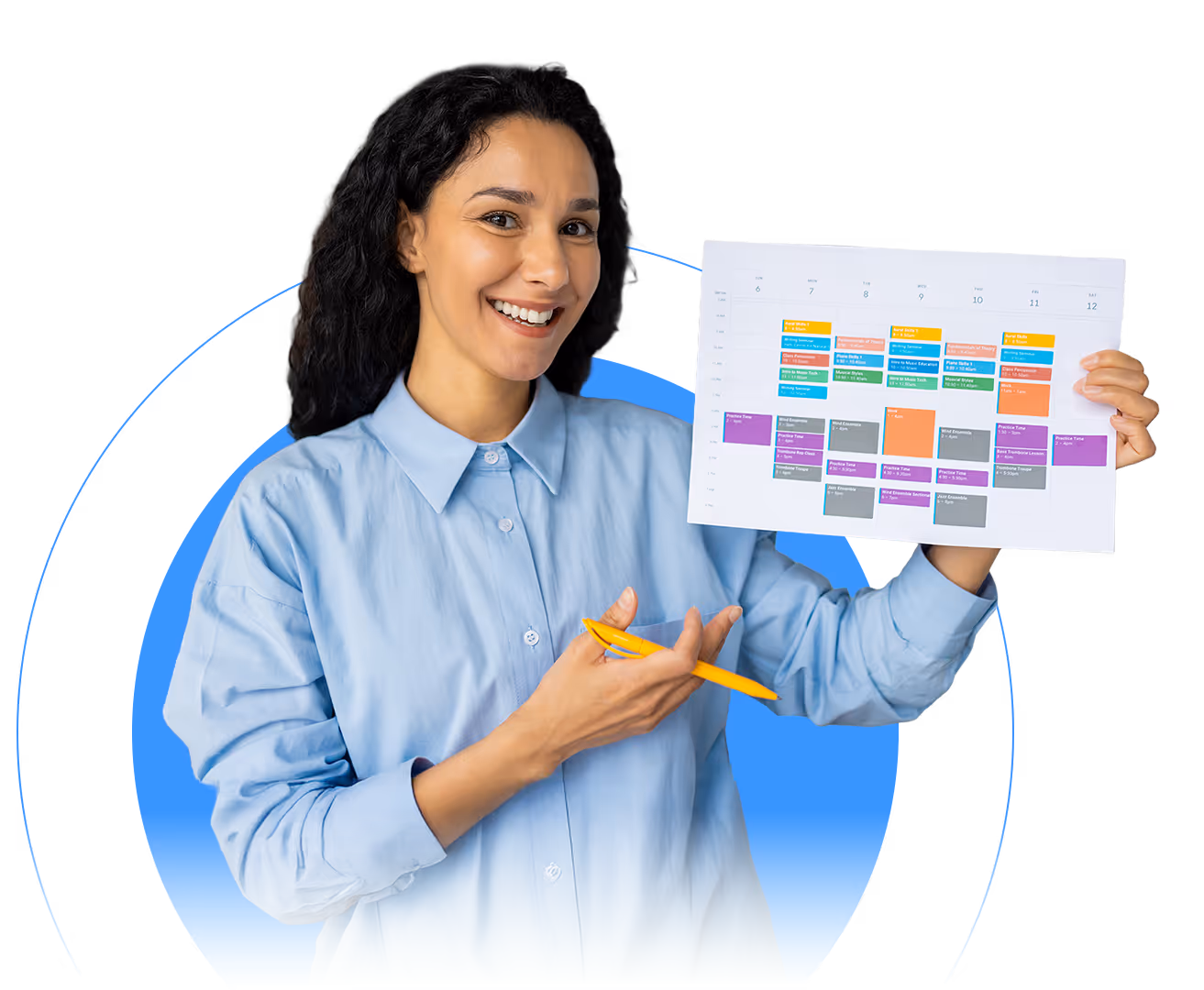 A smiling woman in a light blue button-down shirt holding a yellow pen and presenting a colorful, organized weekly schedule or project calendar.