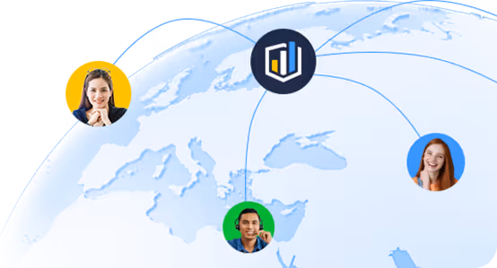 A conceptual illustration of a blue globe with connection lines linking the FM Dashboard logo to diverse remote professionals, representing a global Virtual Maintenance Coordinator (VMC) network.