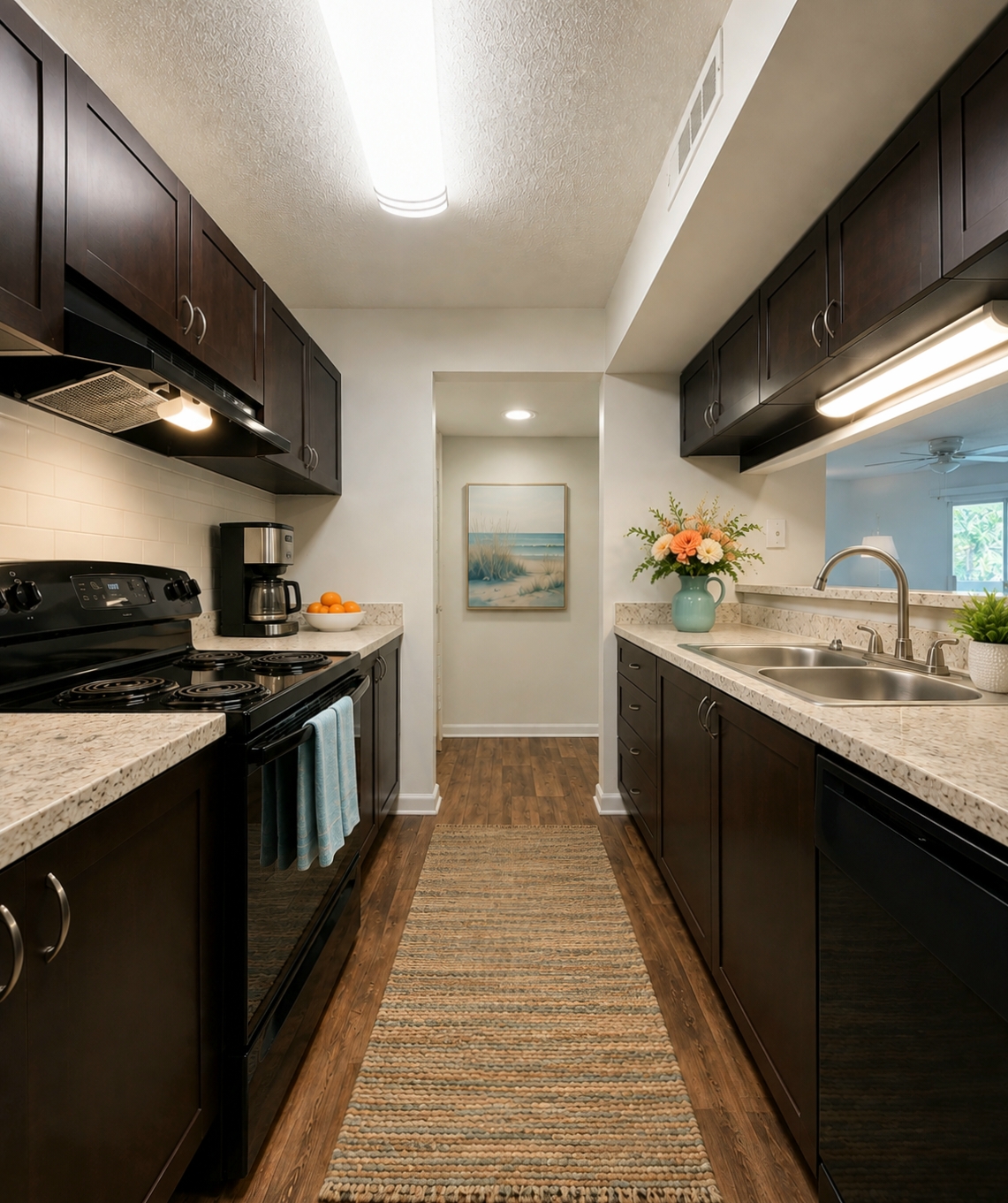 Kitchen with brown cabinets 