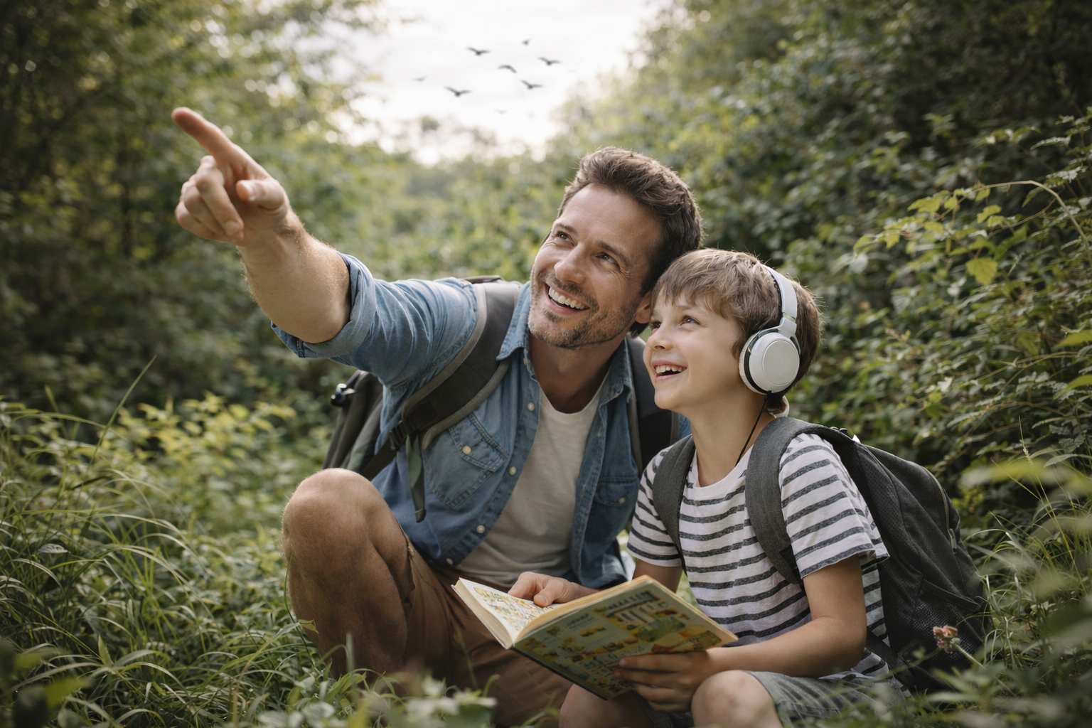 Padre e hijo aprendiendo en la naturaleza