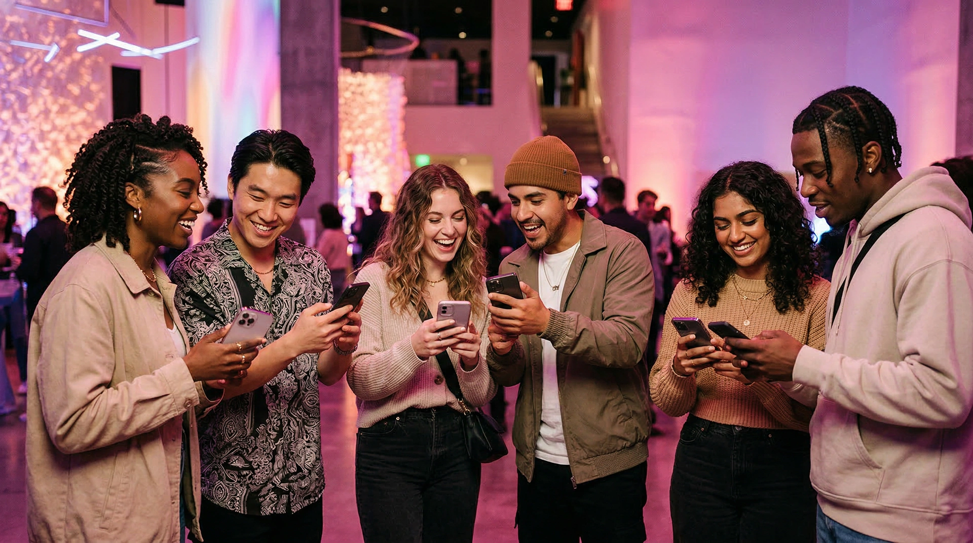 Group of young creators using smartphones together under pink neon lighting, representing digital talent joining the LazyFans platform.