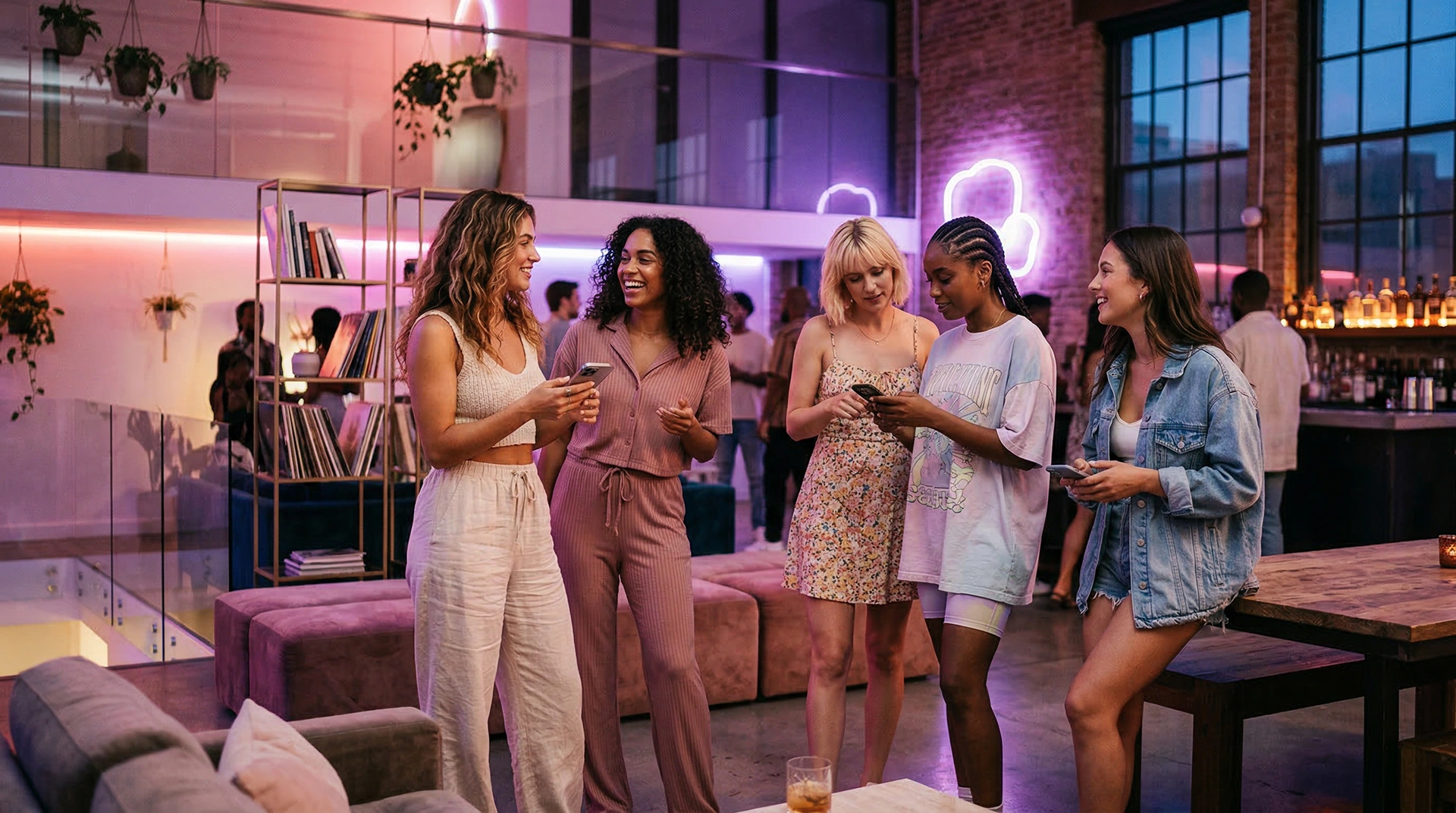 Group of attractive content creators socializing and using smartphones in a pink-lit environment, representing the LazyFans creator community.