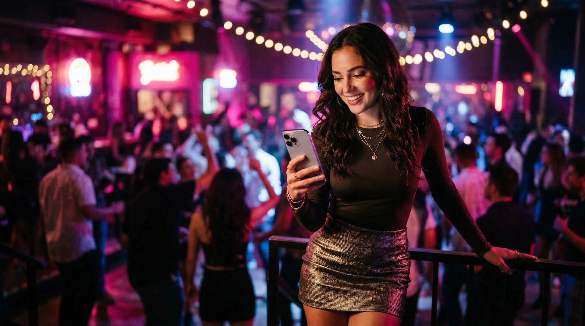Attractive female creator interacting with fans on her smartphone in a vibrant nightlife setting with pink neon lighting.