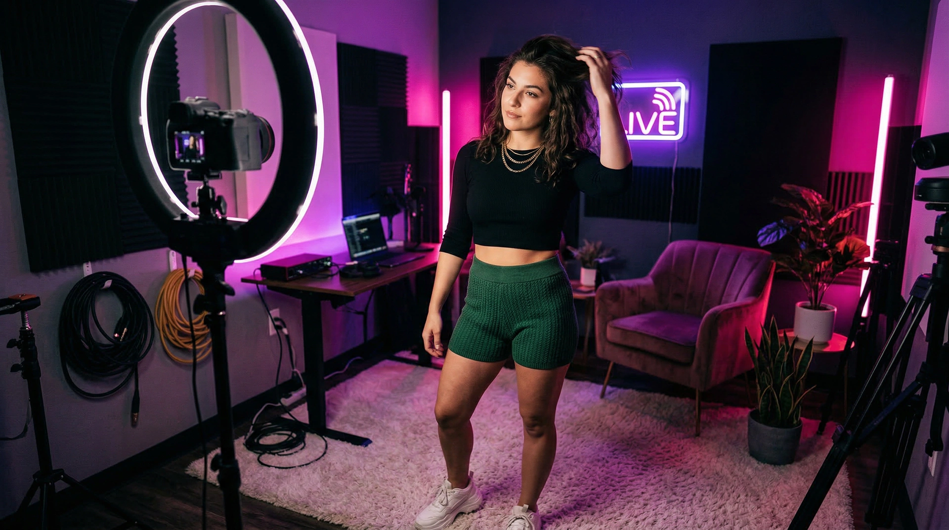 Confident influencer-style content creator preparing content in a modern studio with ring lights and camera equipment.