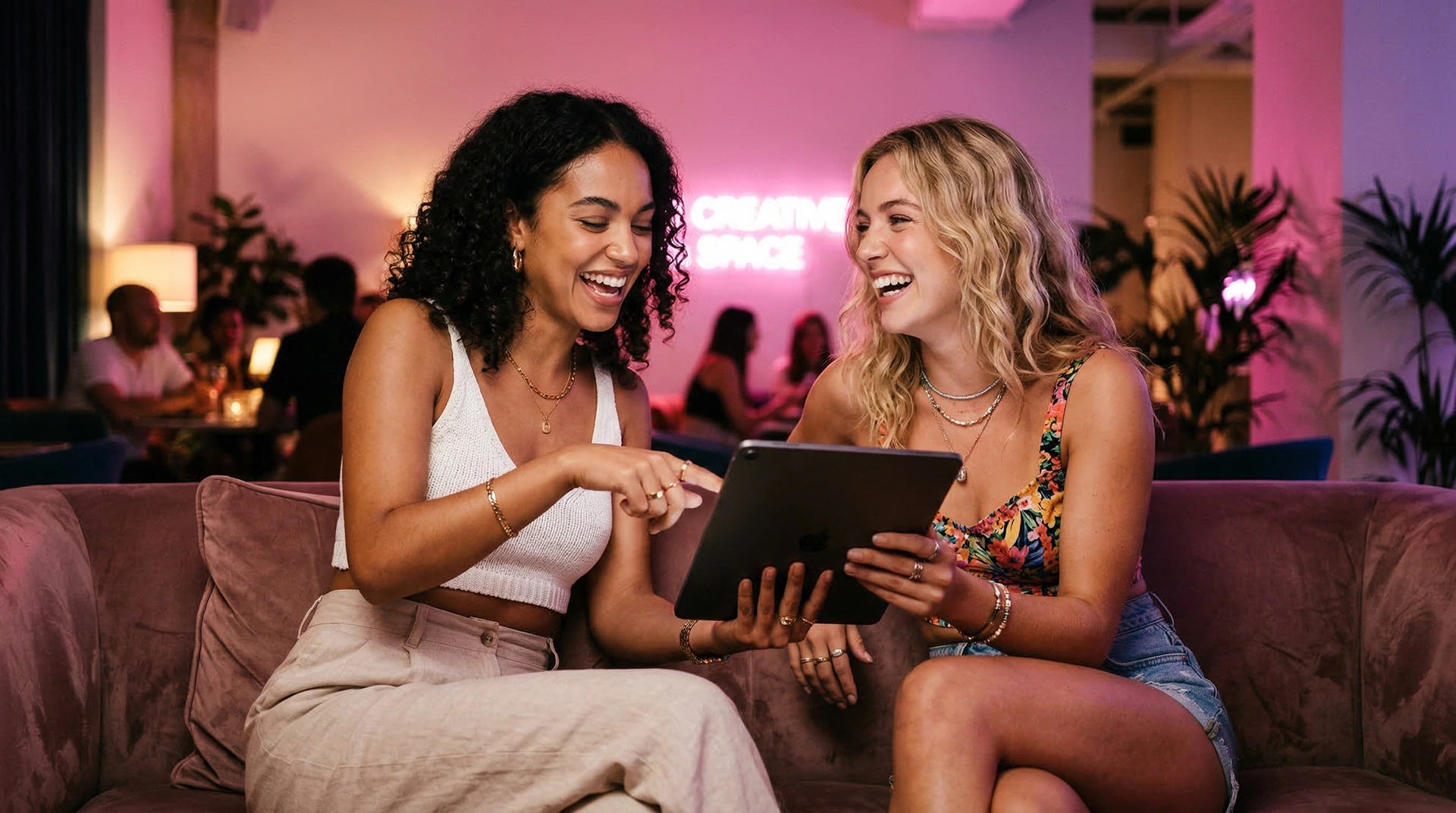 Two female creators reviewing content together on a tablet in a modern lounge, representing collaboration in the creator economy.