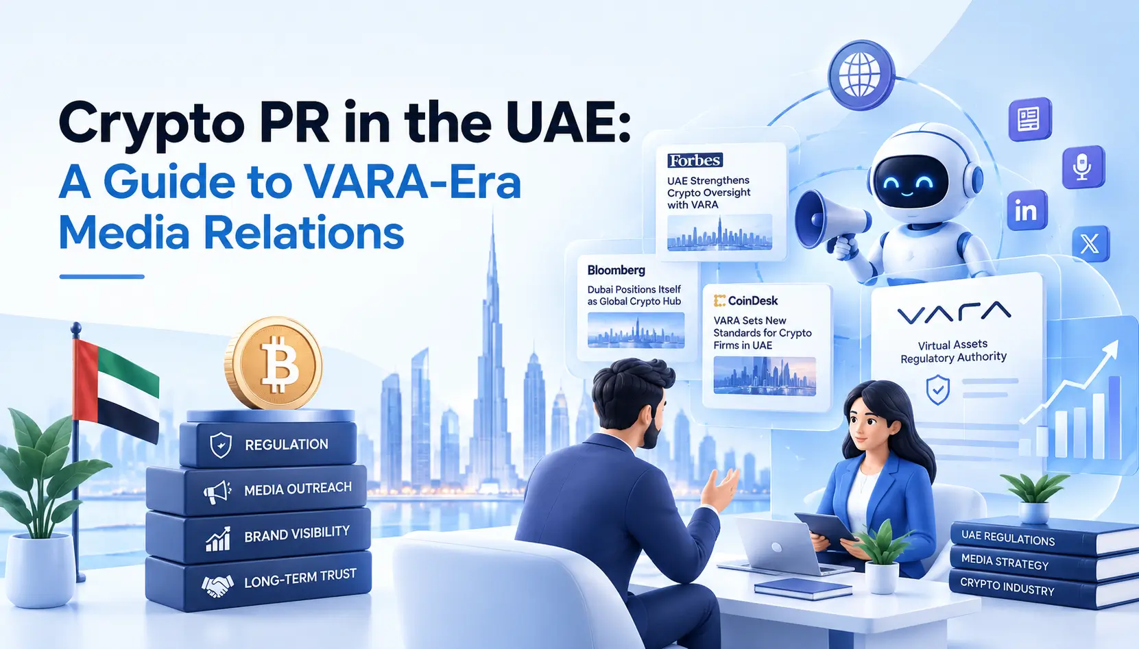 Map of UAE crypto regulation showing VARA in Dubai, ADGM in Abu Dhabi and the federal SCA framework