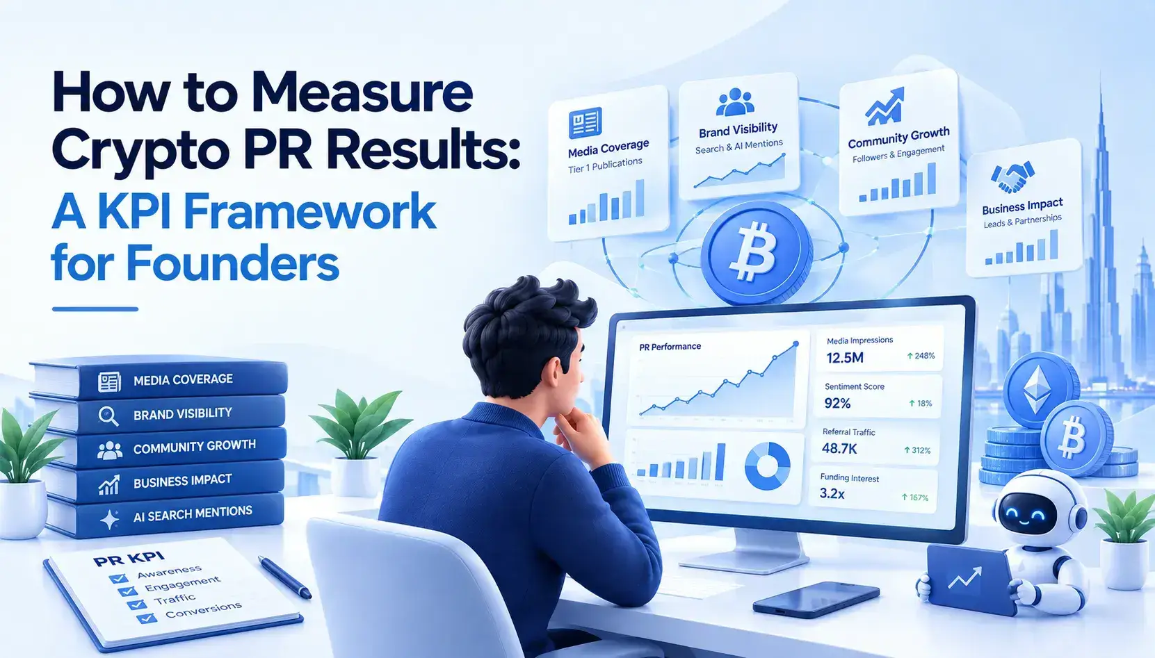 Eight-metric crypto PR KPI framework covering share of voice, domain authority weighting, pull-through, distribution reach, inbound signals, branded search, AI citation and listing awareness