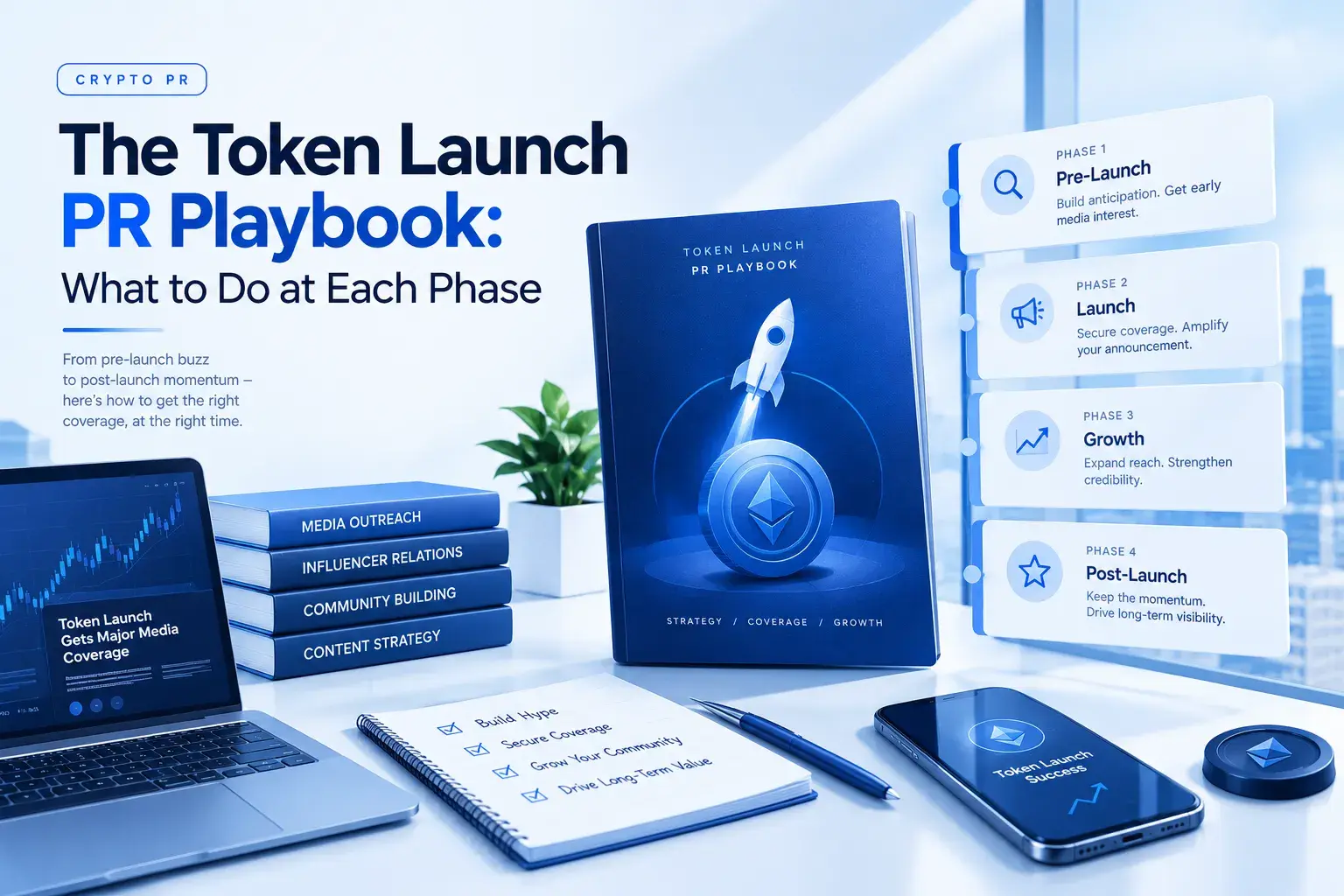 Four-phase token launch PR timeline from foundation through post-listing, showing weeks from TGE against PR and founder responsibilities