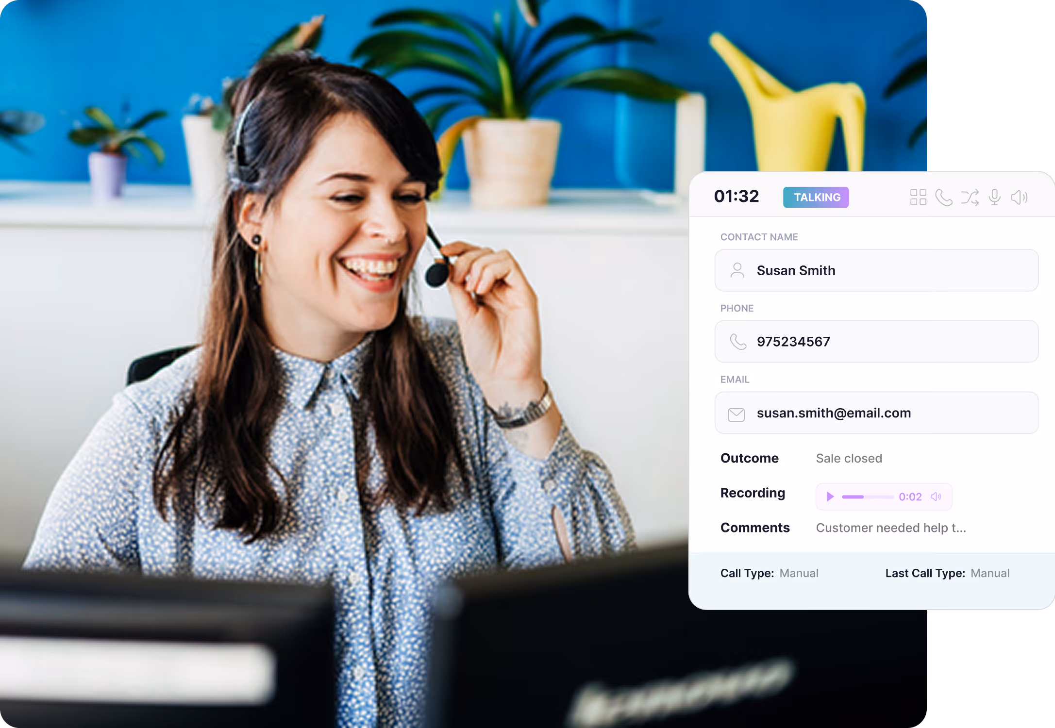 Smiling woman wearing a headset in an office with plant decor and a call interface showing contact details and call status.