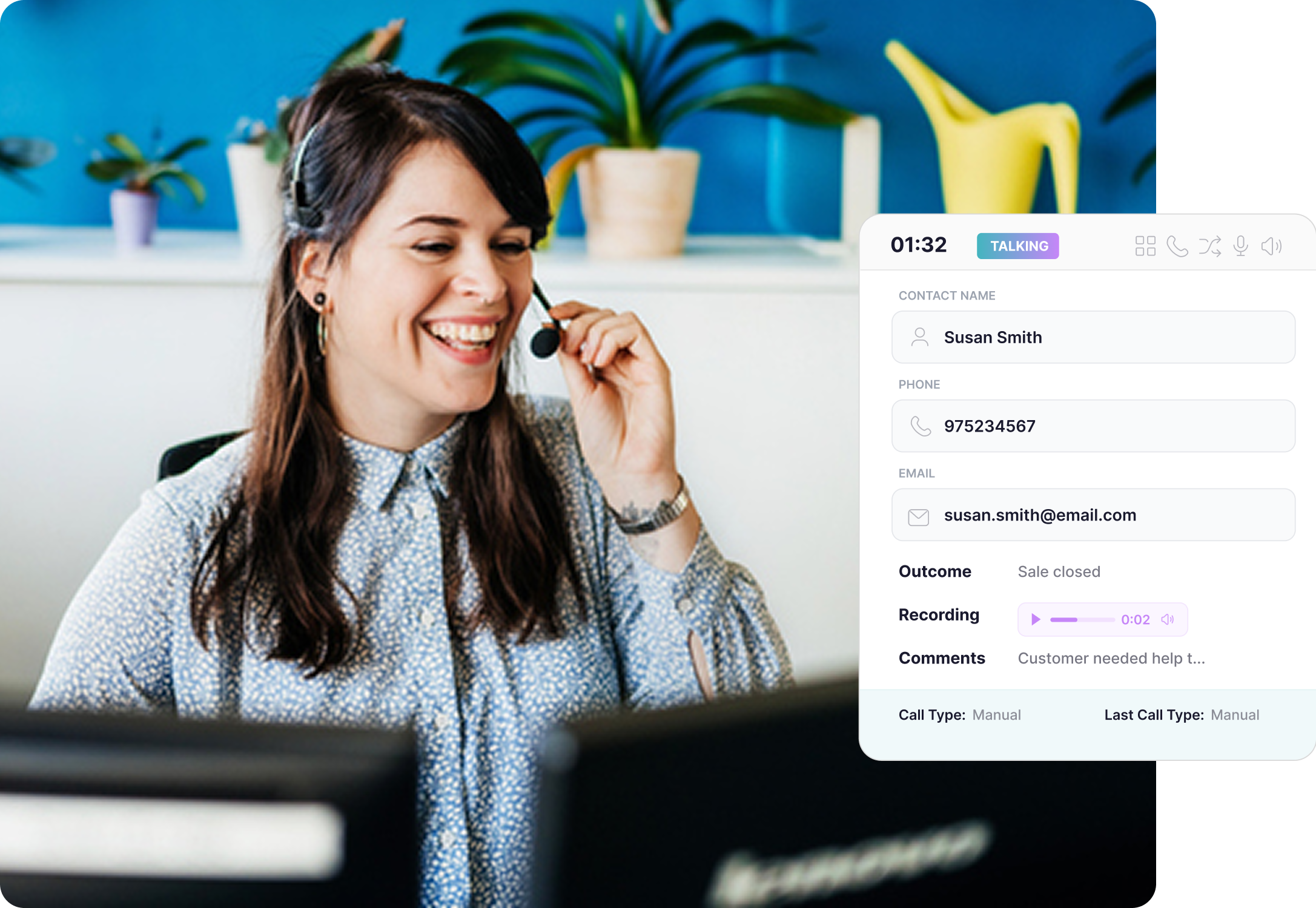 Smiling woman wearing a headset in an office with plant decor and a call interface showing contact details and call status.