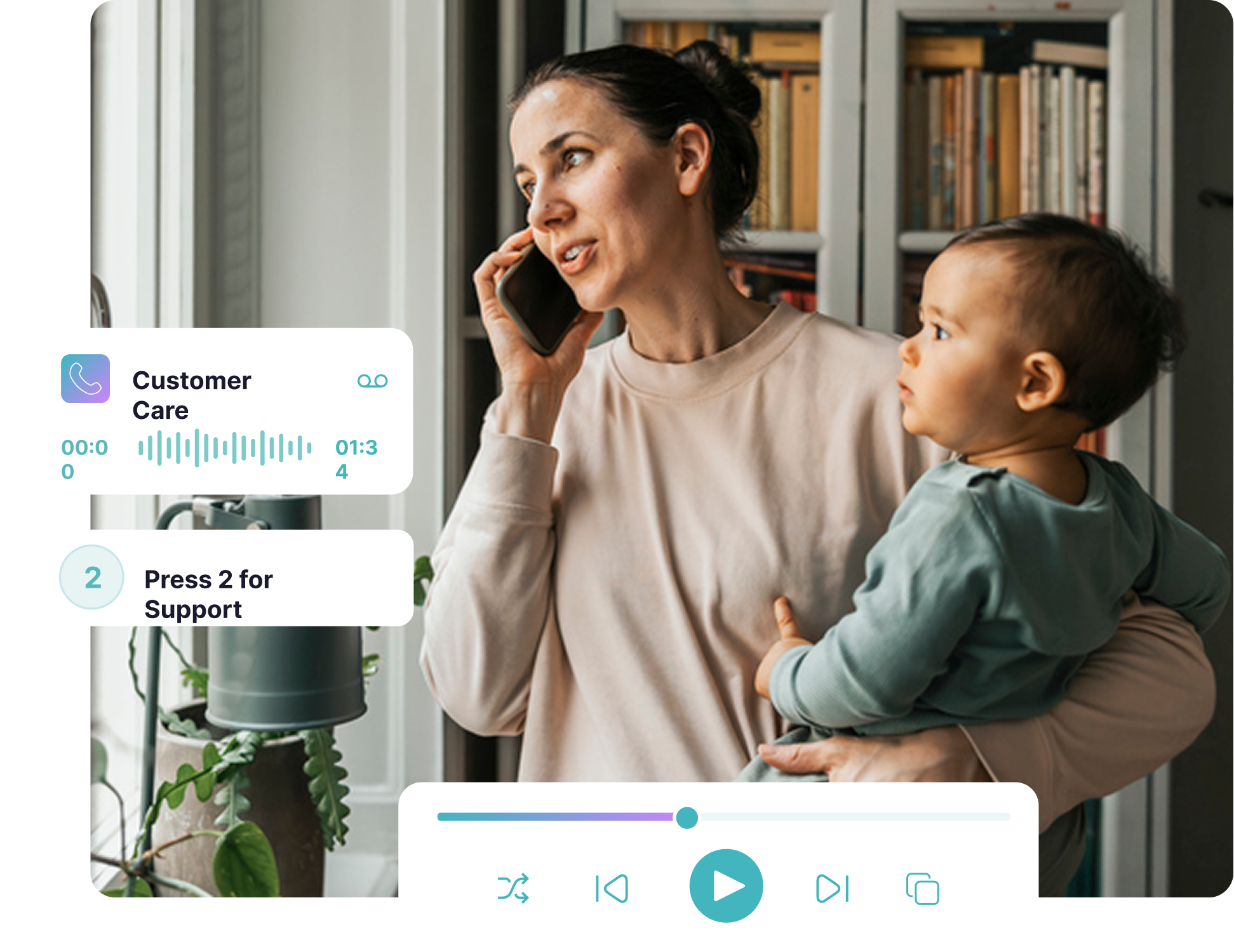 Woman holding a baby and talking on a phone near a window with bookshelves and plants in the background, with call interface graphics showing a customer care call and support instructions.