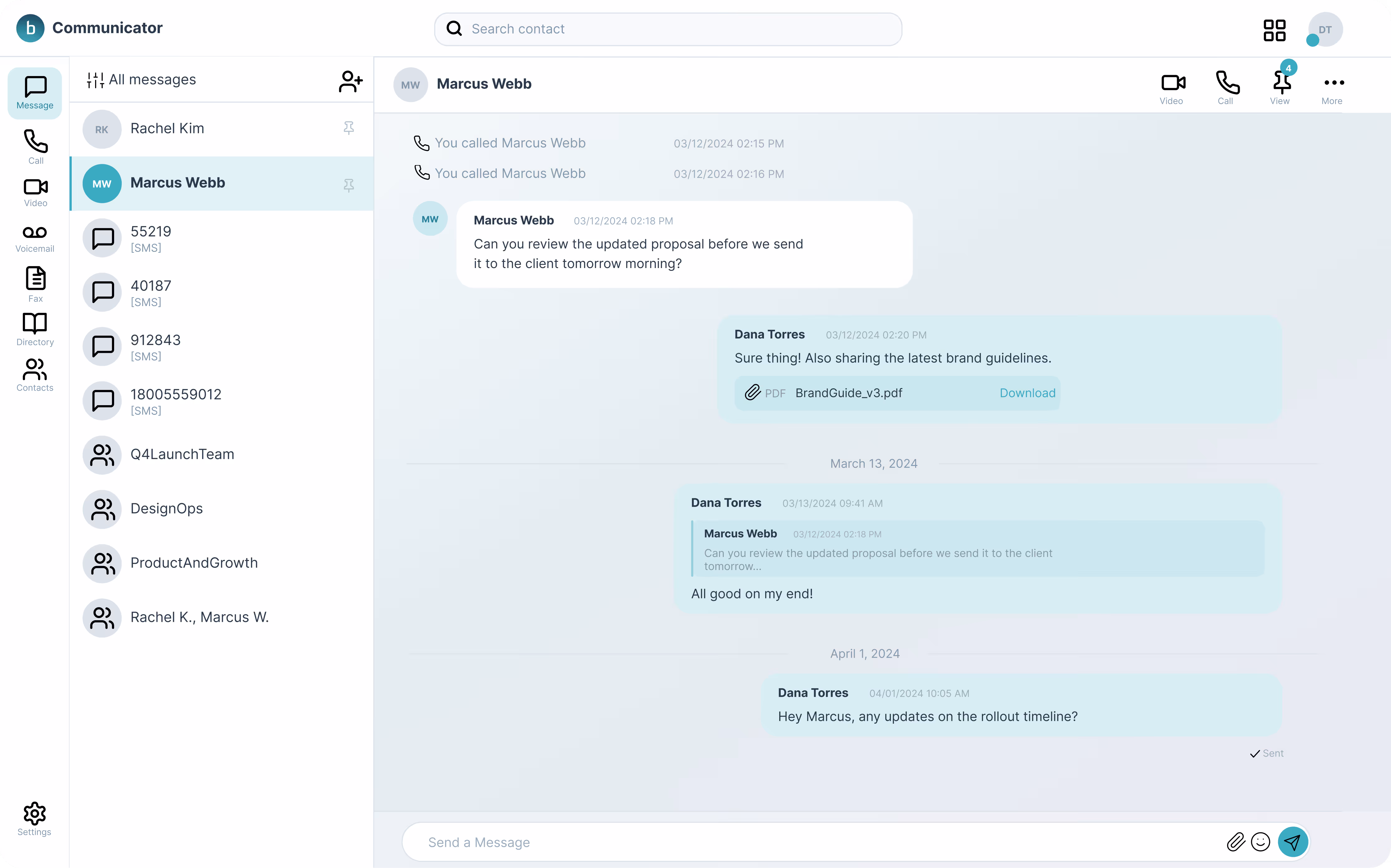Business communicator app showing a conversation between Marcus Webb and Dana Torres with messages about a proposal, brand guidelines pdf, and rollout timeline.