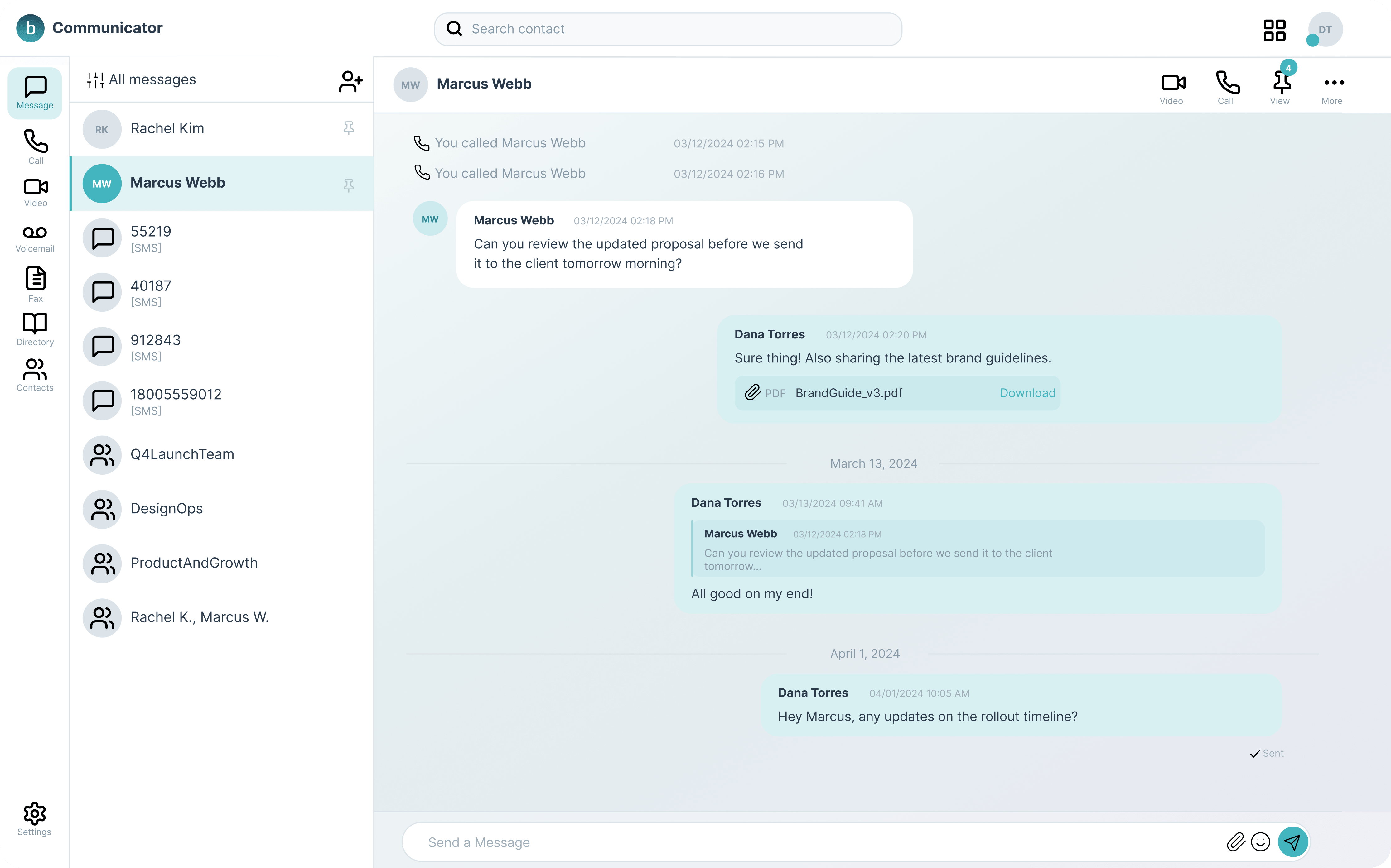 Business communicator app showing a conversation between Marcus Webb and Dana Torres with messages about a proposal, brand guidelines pdf, and rollout timeline.