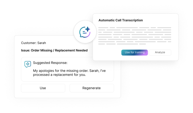 Interface showing a customer service chat for Sarah with suggested response about a missing order replacement and a panel for automatic call transcription with buttons 'Use for training' and 'Analyze'.