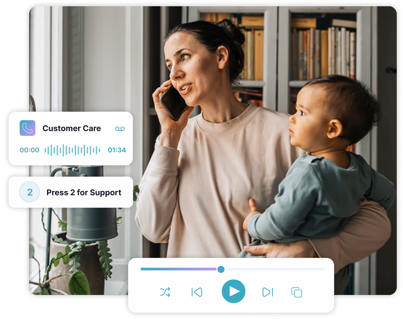 Woman holding a baby talking on a phone near a window with call and audio player interface overlays.