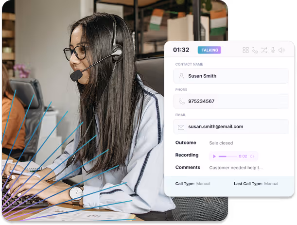 Woman wearing headset and glasses typing on keyboard in an office with a call interface showing contact details, call status, and comments.