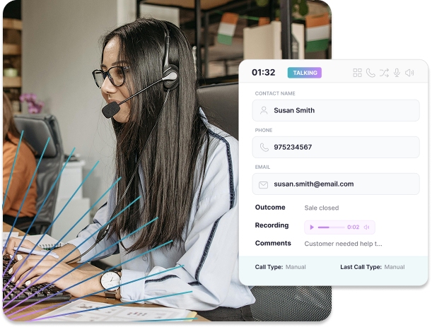 Woman wearing headset and glasses typing on keyboard in an office with a call interface showing contact details, call status, and comments.