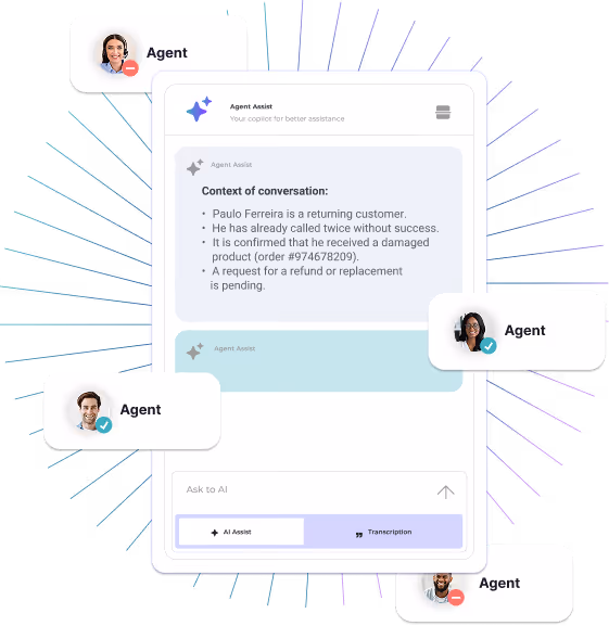 Interface of Agent Assist showing conversation context about a customer refund request, surrounded by four agent profile cards with various status icons.