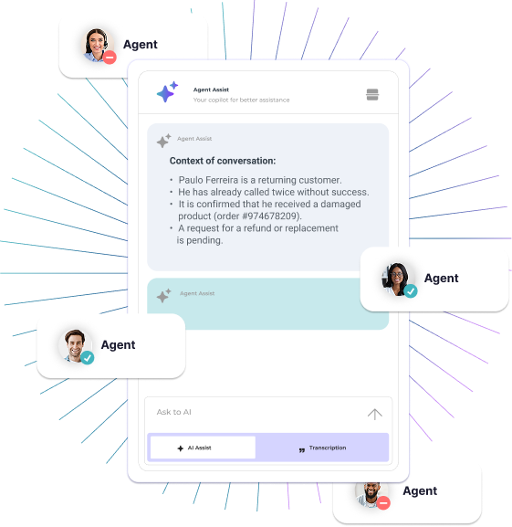 Interface of Agent Assist showing conversation context about a customer refund request, surrounded by four agent profile cards with various status icons.