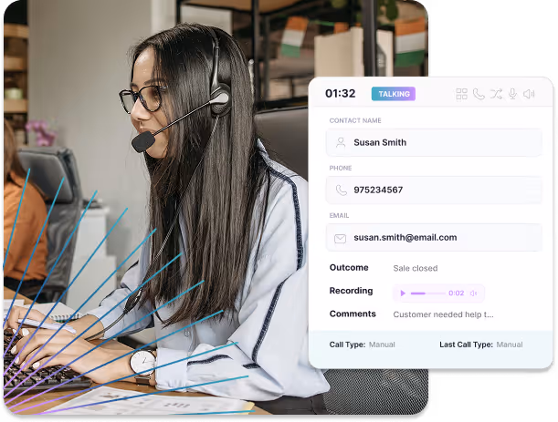 Customer service representative wearing headset and glasses typing at a desk with call details of Susan Smith showing call duration, phone number, email, outcome, and comments.