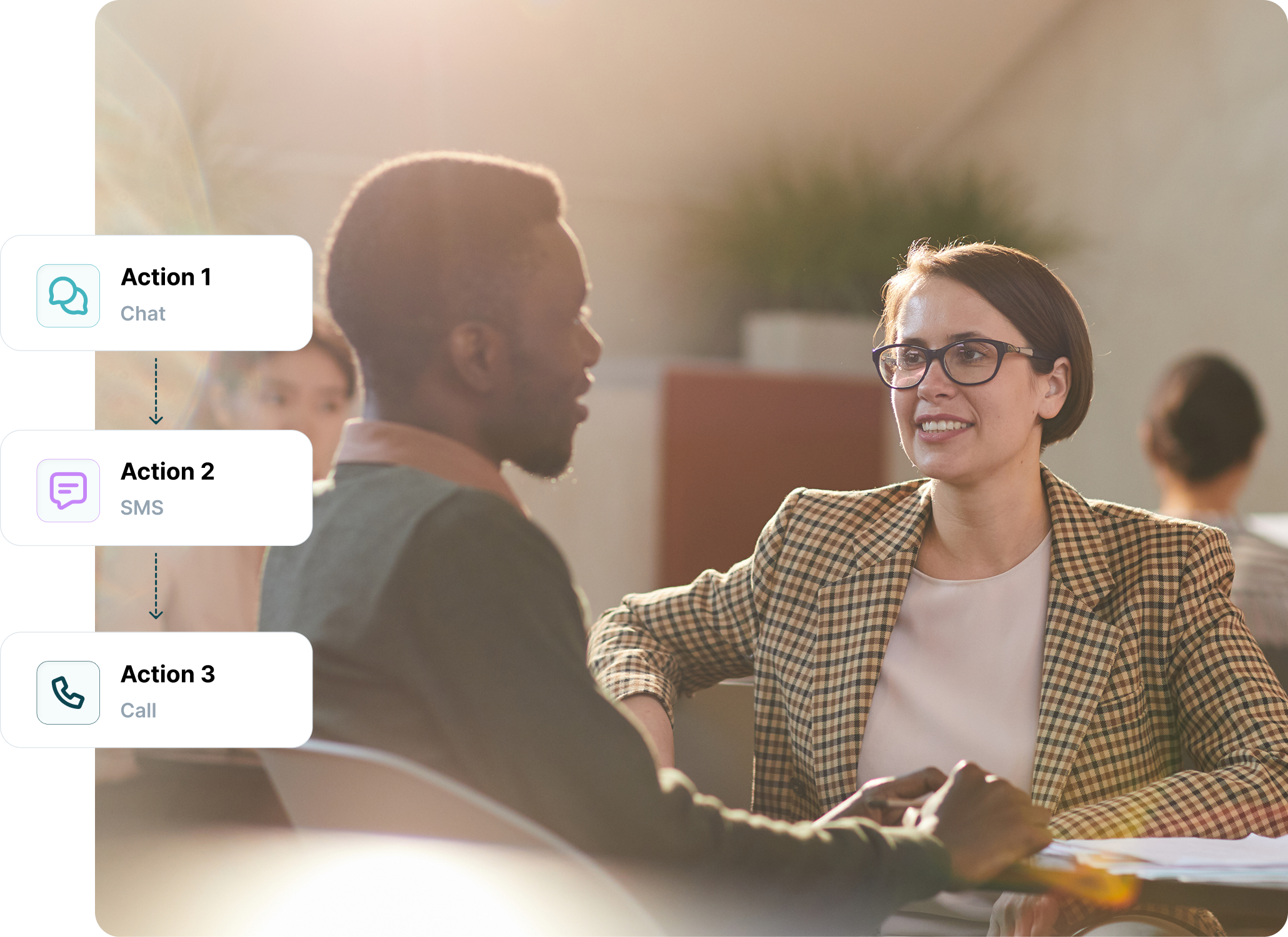 A man and a woman engaged in conversation at a table with three communication action icons labeled Chat, SMS, and Call displayed on the left side.