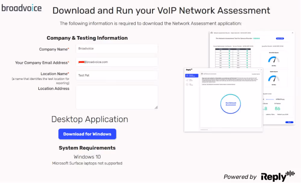 Form to download VoIP Network Assessment app with company info fields and Windows 10 system requirements.
