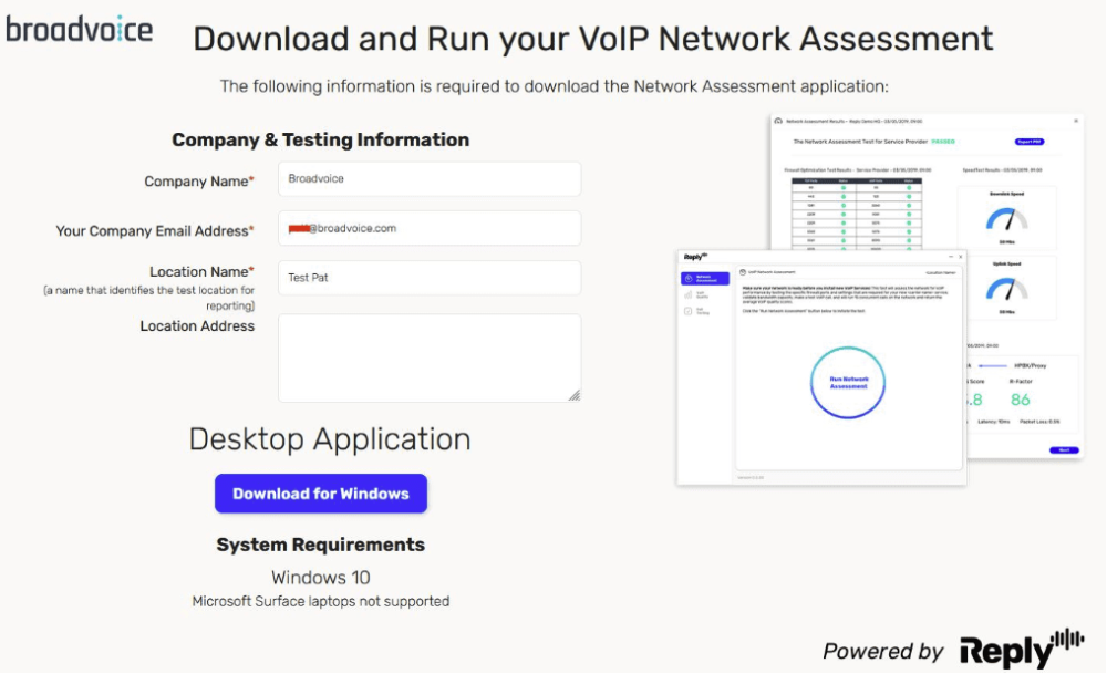 Form to download VoIP Network Assessment app with company info fields and Windows 10 system requirements.