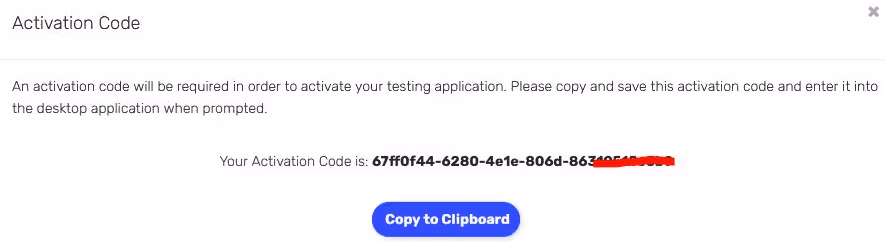 Dialog showing activation code for a testing app with a button to copy code to clipboard.