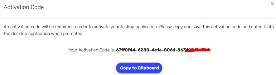 Dialog showing activation code for a testing app with a button to copy code to clipboard.