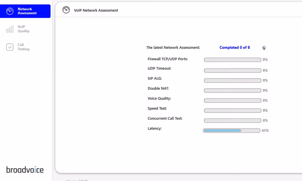 VoIP network assessment screen showing latency test at 65% and other tests at 0% progress.