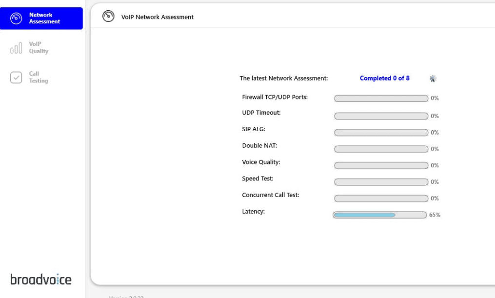 VoIP network assessment screen showing latency test at 65% and other tests at 0% progress.
