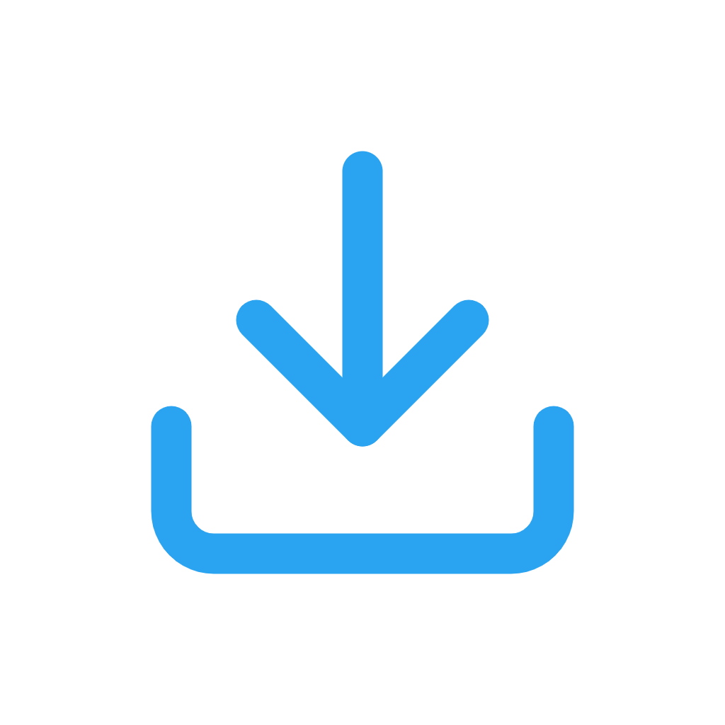 Blue downward arrow above an open container symbol, representing a download icon.