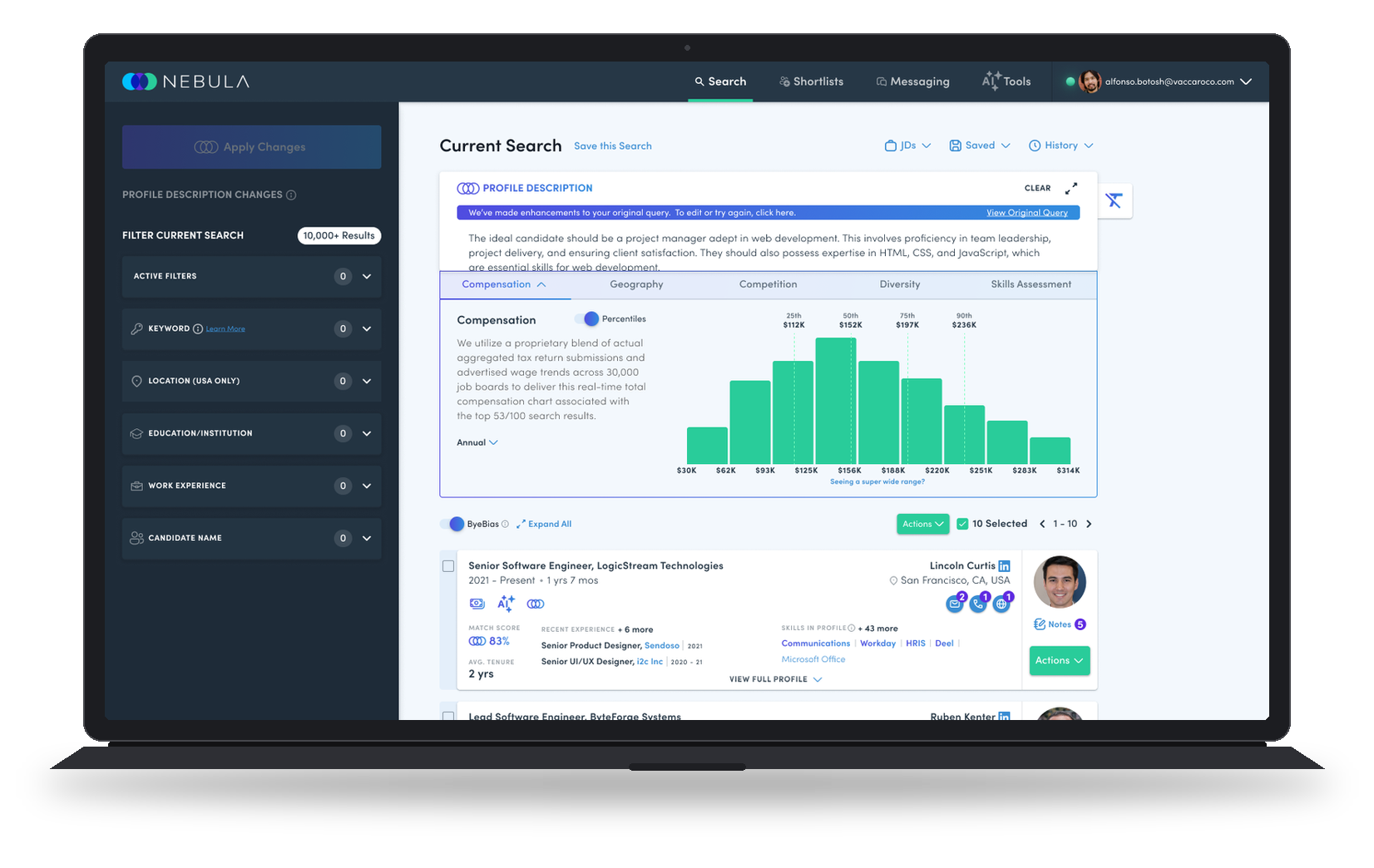 Compensation dashboard showing a real-time total compensation chart with 25th percentile at $135K, 75th percentile at $233K, and an annual 180-day wage trend increase of 3.79%.