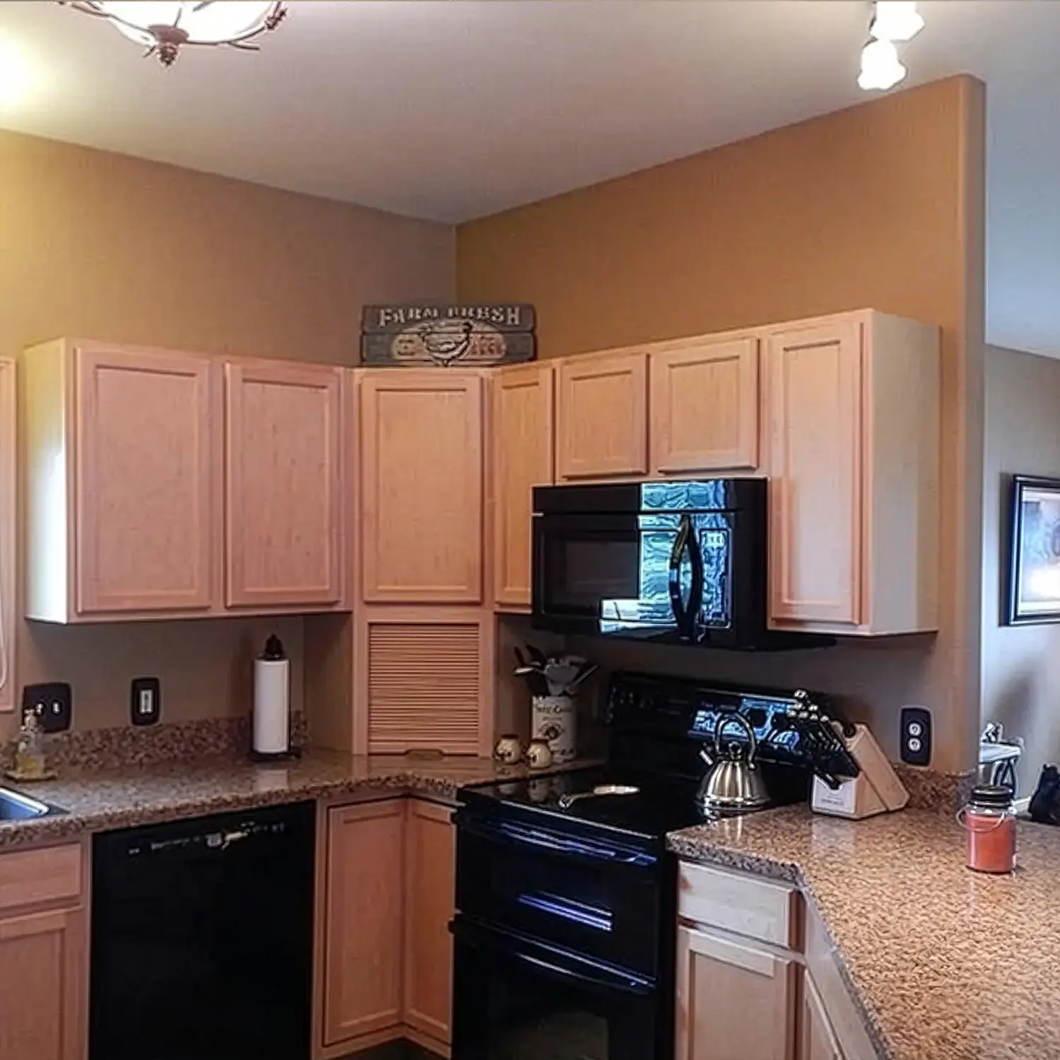 Kitchen with outdated wood cabinets before refinishing and painting
