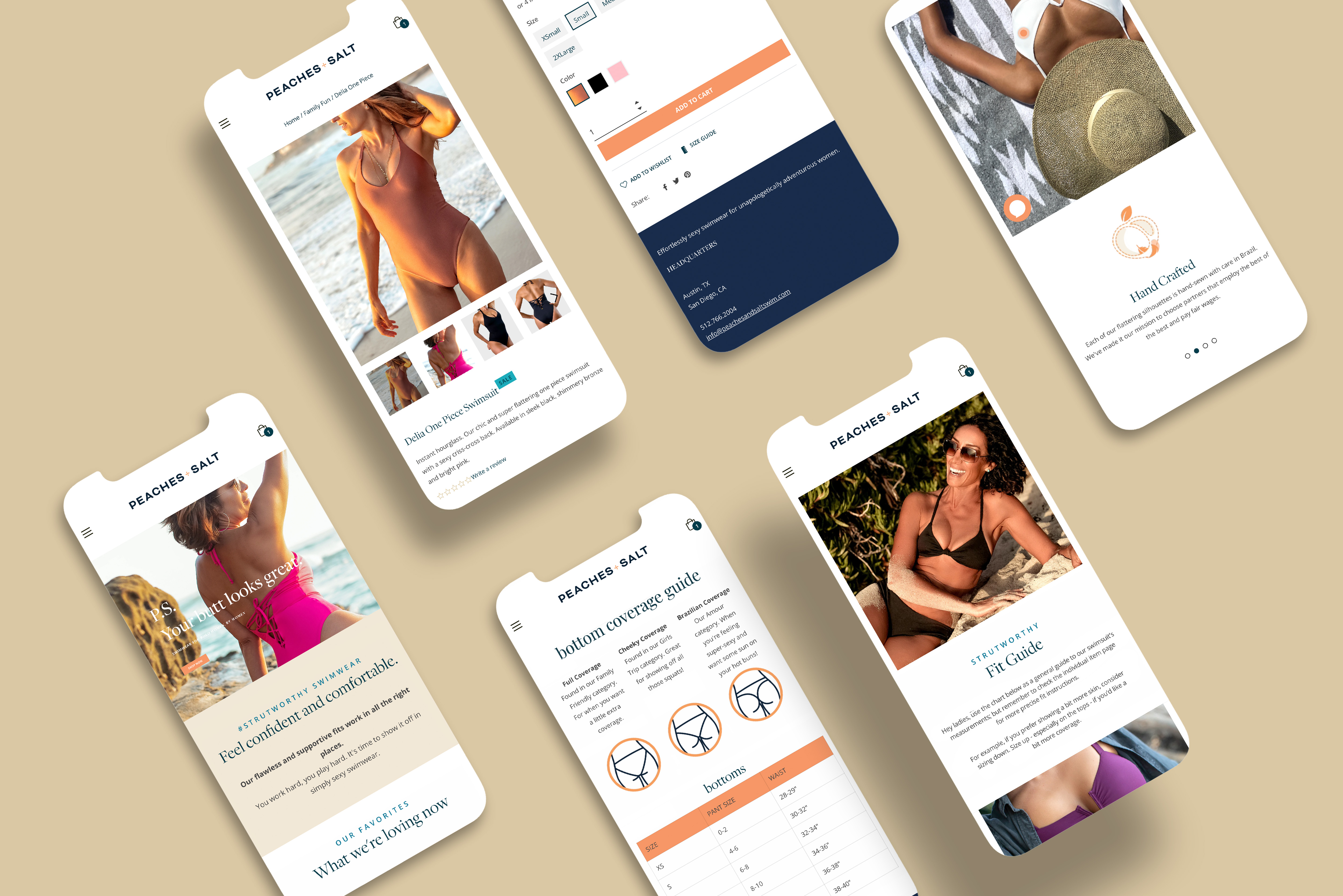 View of swimwear brand ecommerce website pages on mobile sized screens
