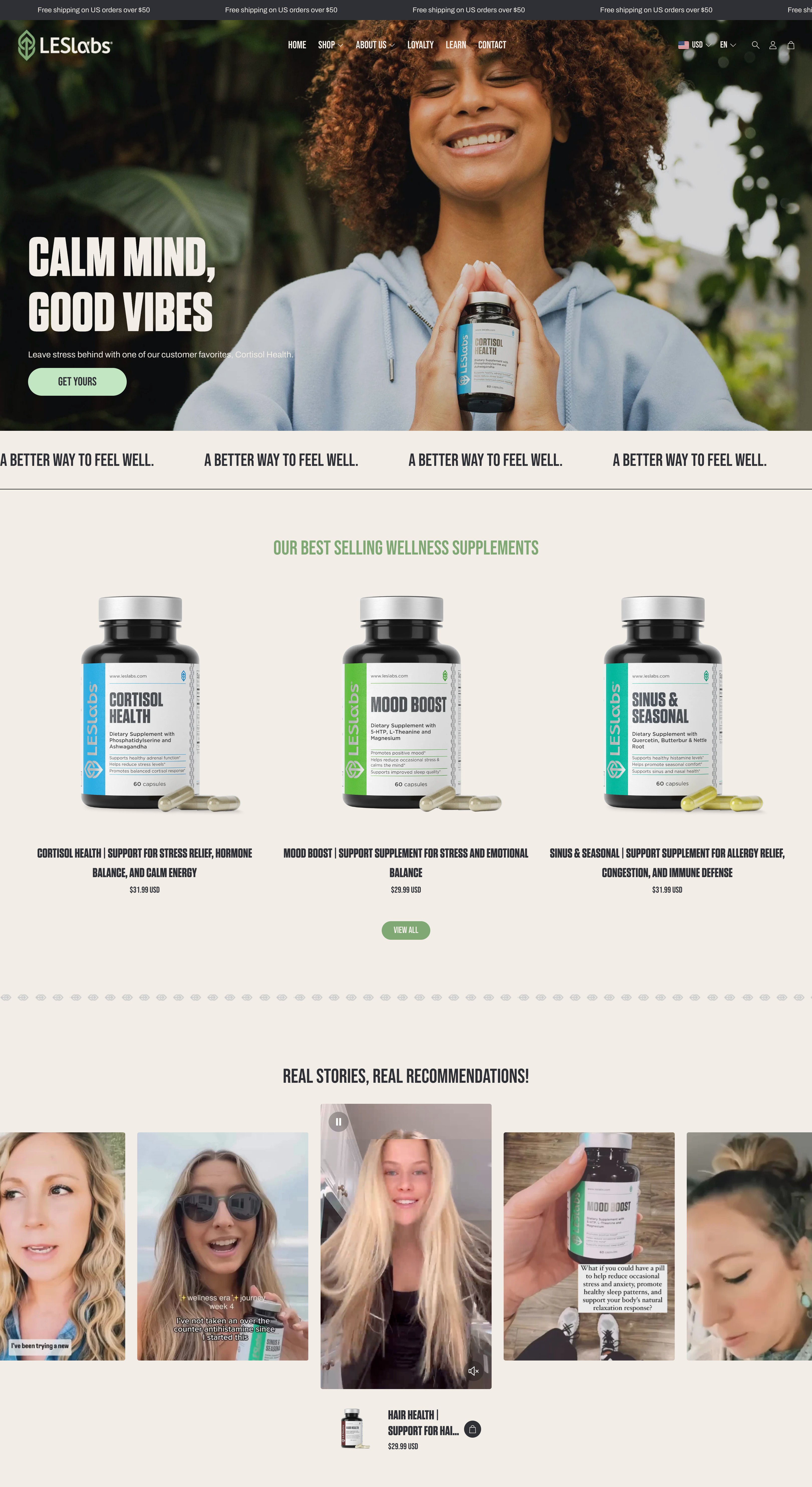 LES Labs wellness supplements Shopify ecommerce website home page showing hero area with woman holding Cortisol Health bottle and best selling supplements.