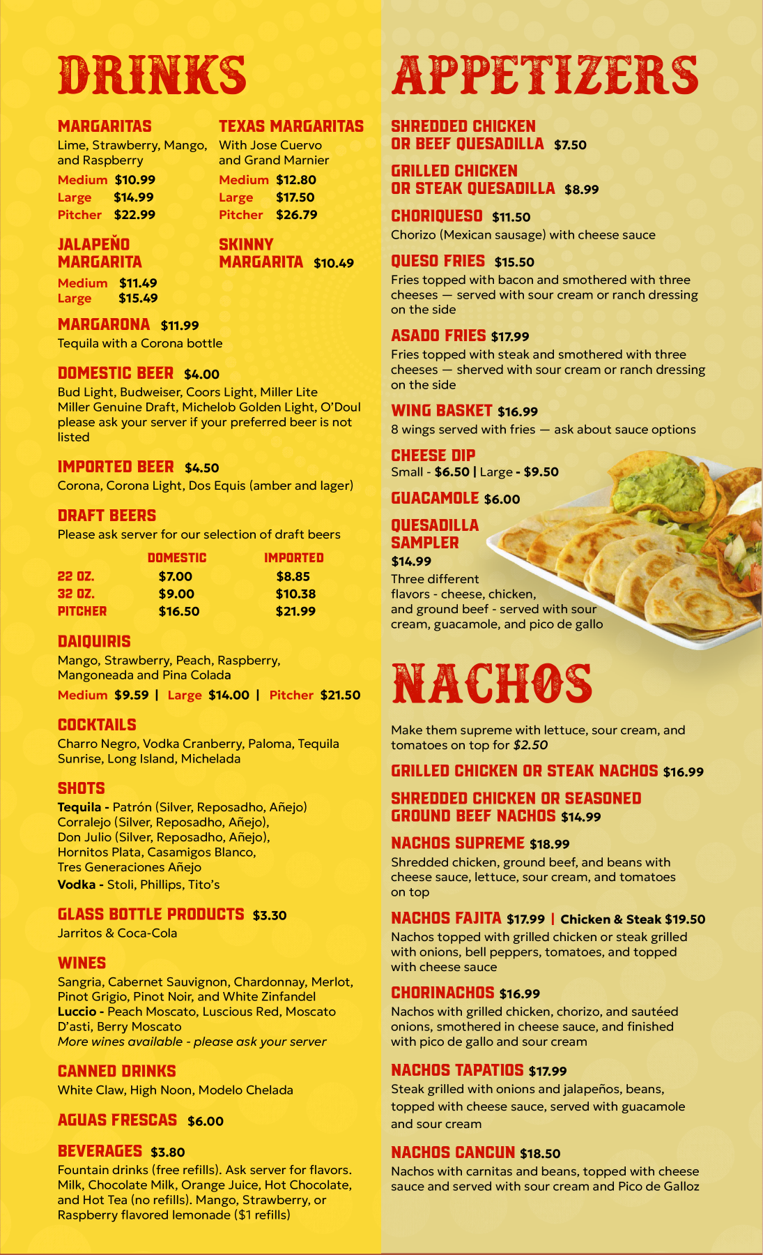 Fiesta Brava menu showing drinks including margaritas, beers, daiquiris, cocktails, and appetizers such as quesadillas, fries, wings, cheese dip, guacamole, quesadilla sampler, and various nachos options with prices.