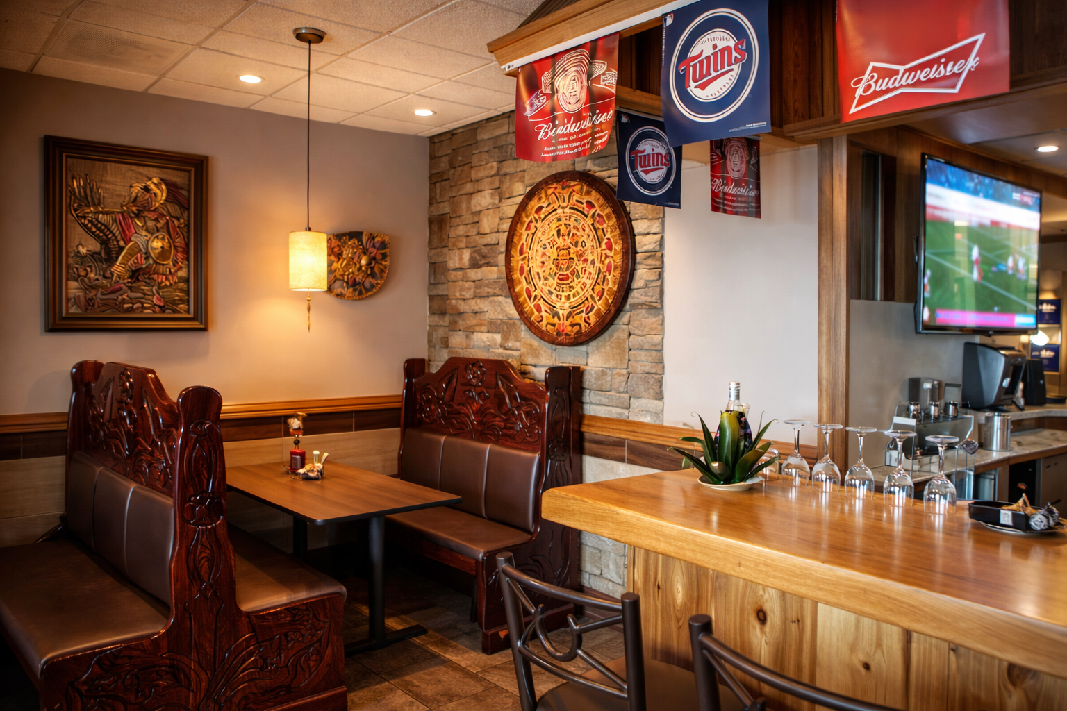 Cozy restaurant corner with carved wooden booths, a stone wall decorated with Aztec-style art, hanging Budweiser and Twins banners, a wooden bar with wine glasses, and a TV showing a sports game.