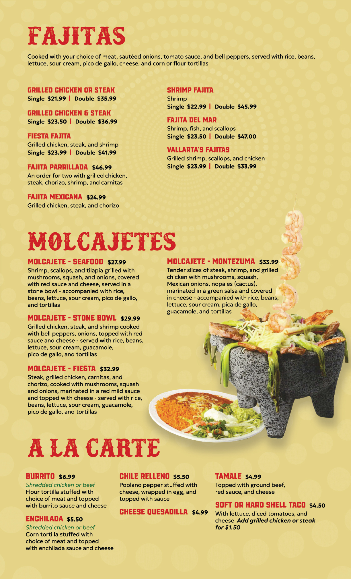Mexican restaurant menu featuring Fajitas with various meat options, Molcajetes served with rice and tortillas, and a la carte items like burrito, enchilada, tamale, and tacos, along with an image of a stone molcajete bowl filled with grilled meats and vegetables, garnished with shrimp skewers and accompanied by rice and beans.