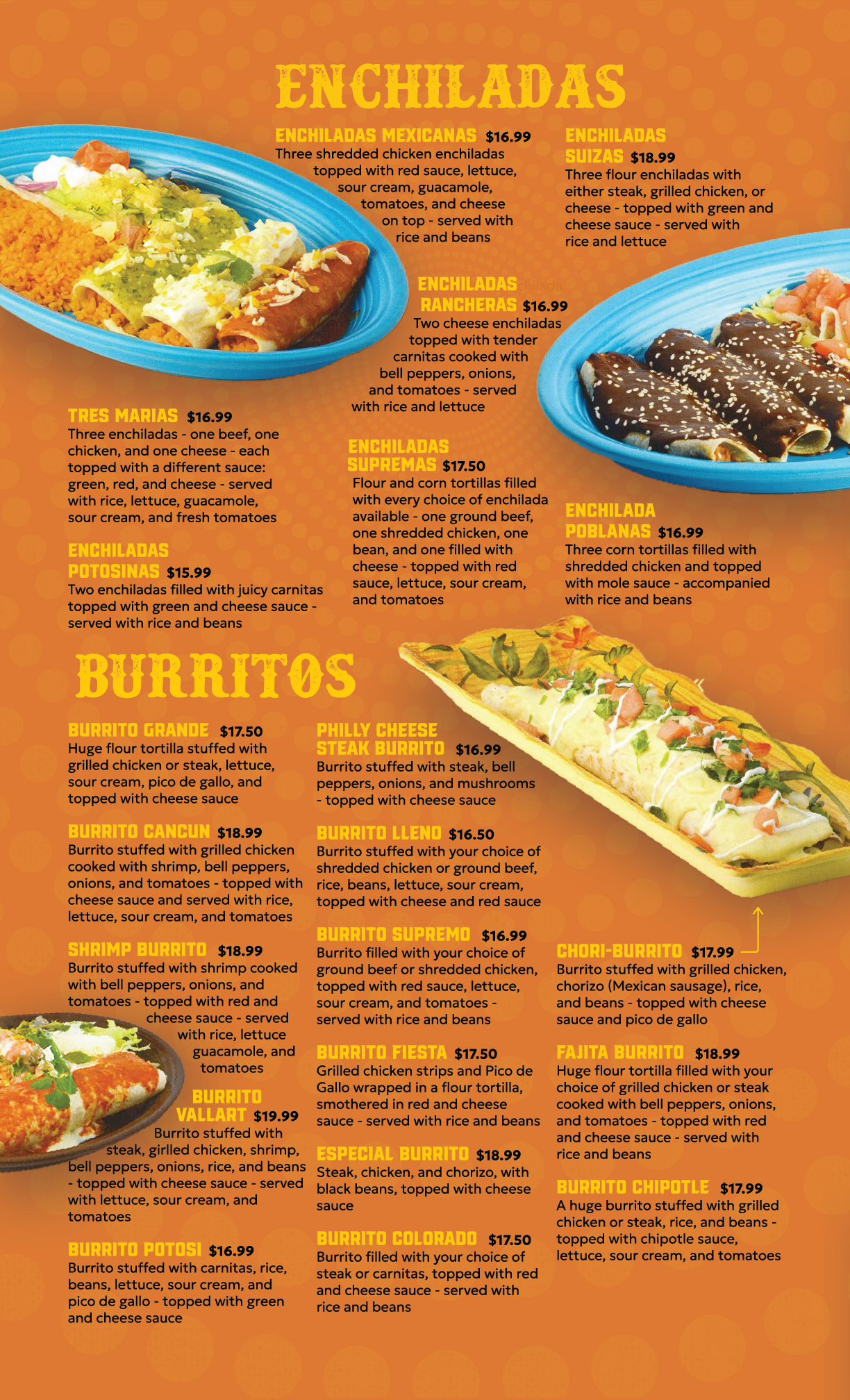 Mexican restaurant menu featuring enchiladas and burritos with detailed descriptions and prices, including images of enchiladas on blue plates and a burrito with green sauce on a yellow plate.