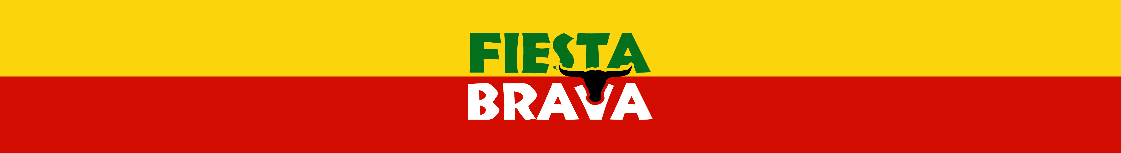Logo with green text 'FIESTA' above white text 'BRAVA' on yellow and red background with a black bull head silhouette in the middle.