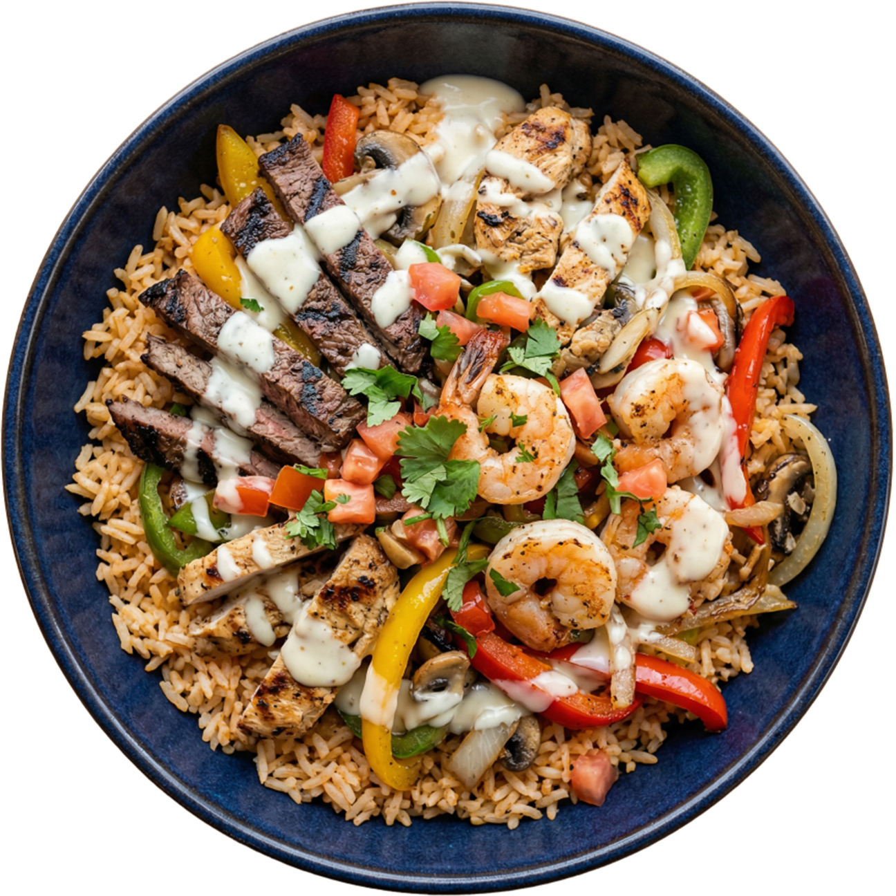 Bowl with grilled steak, chicken, shrimp, bell peppers, onions, mushrooms, tomatoes, cilantro, rice, and drizzled white sauce.