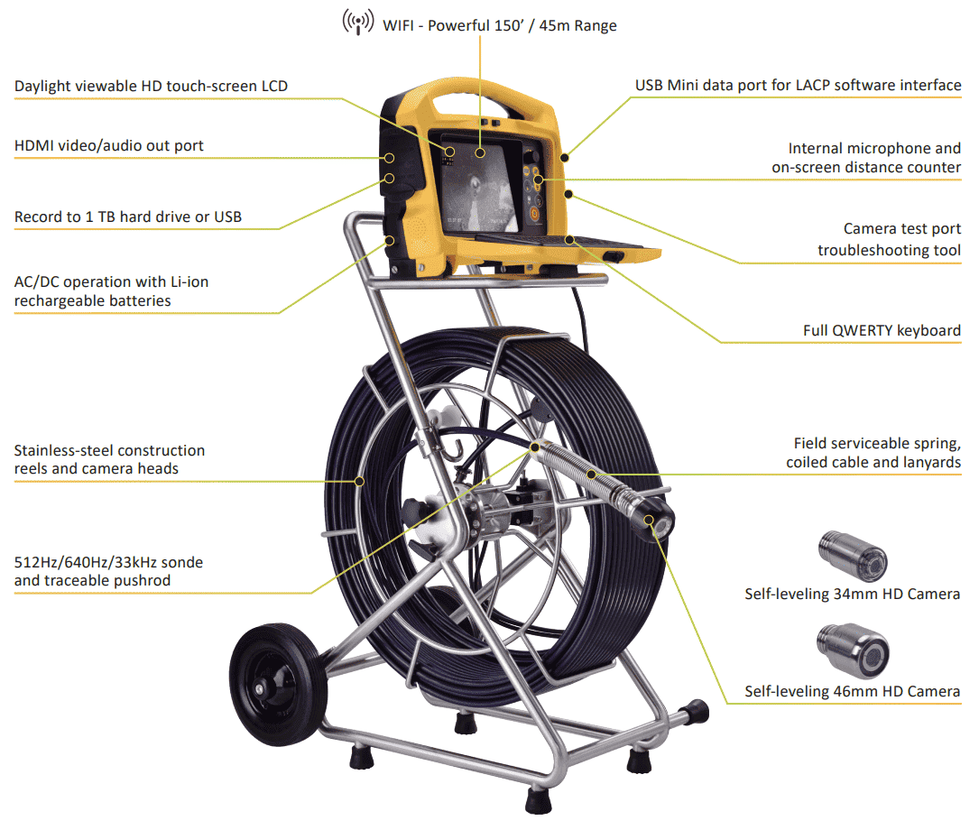 Portable inspection camera system on a stainless steel reel with a full QWERTY keyboard, HD touch-screen LCD, WiFi, USB port, and detachable self-leveling HD cameras.