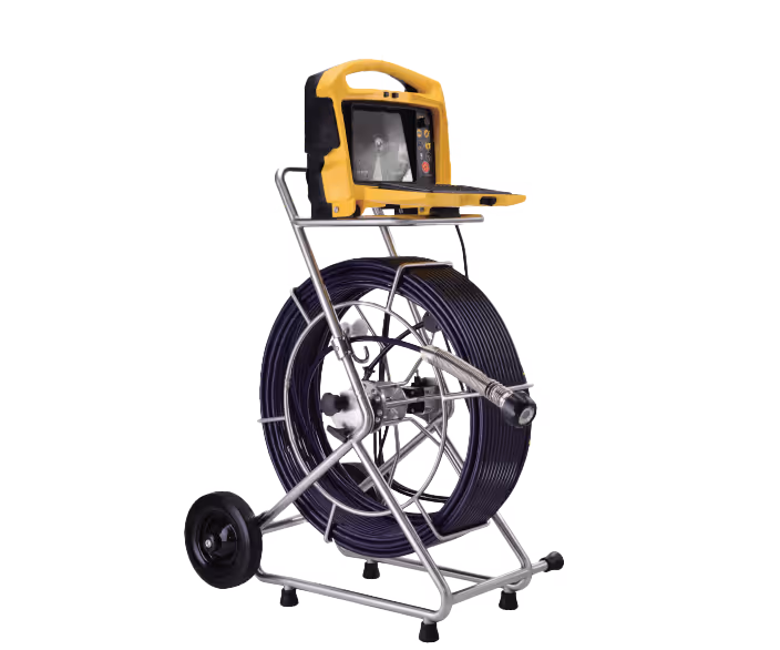 Portable inspection camera device with a small LCD screen, mounted on a wheeled frame holding a long coiled cable.