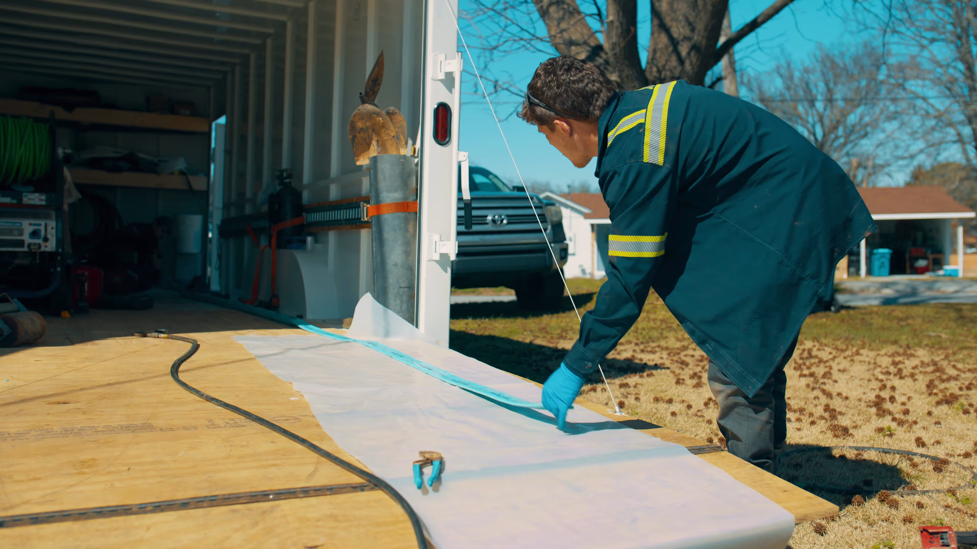 Worker in dark blue jacket with reflective stripes lays out a long white sheet on plywood near an open truck in a sunny outdoor setting.