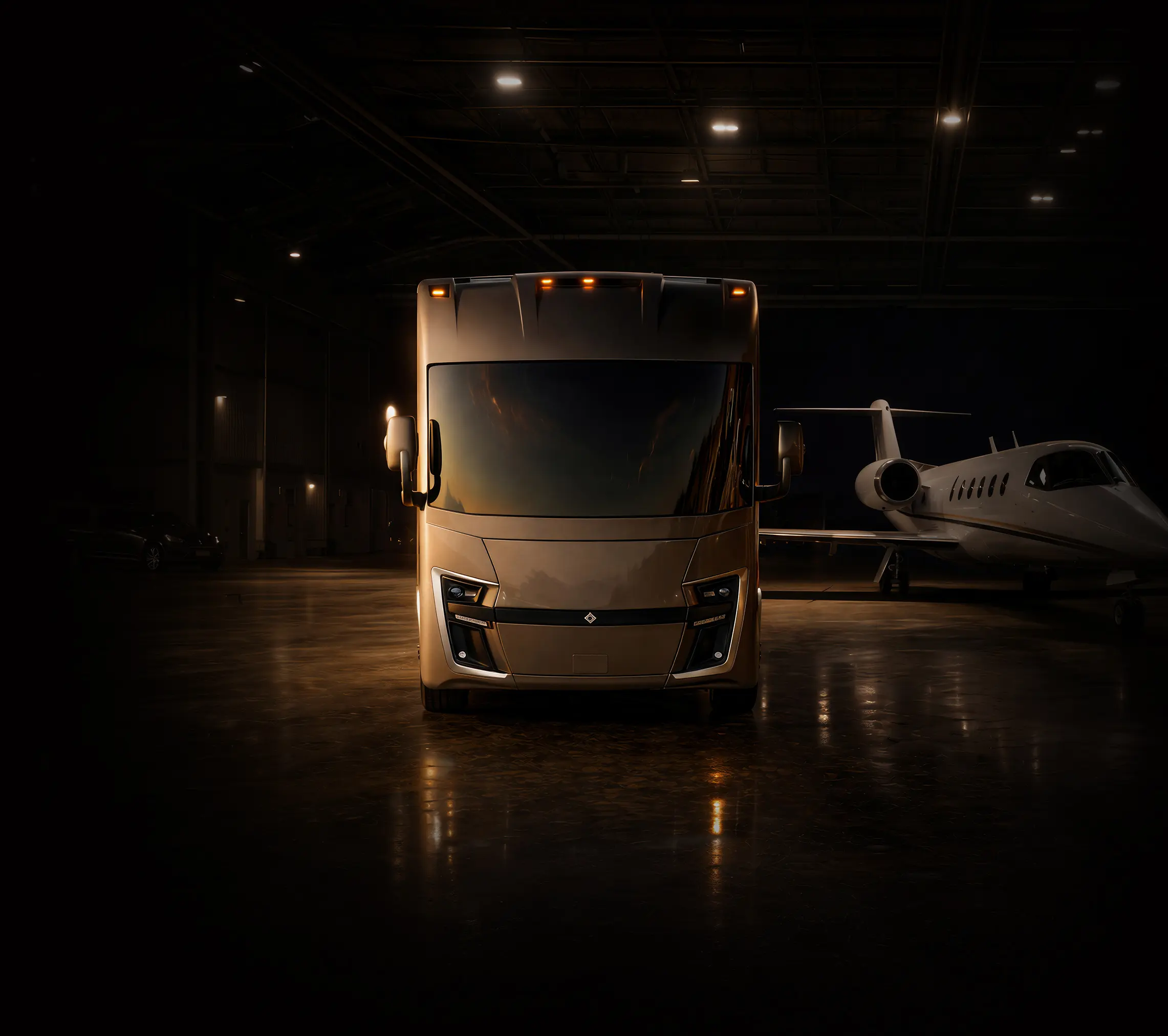 A Cornerstone coach inside a private jet hangar