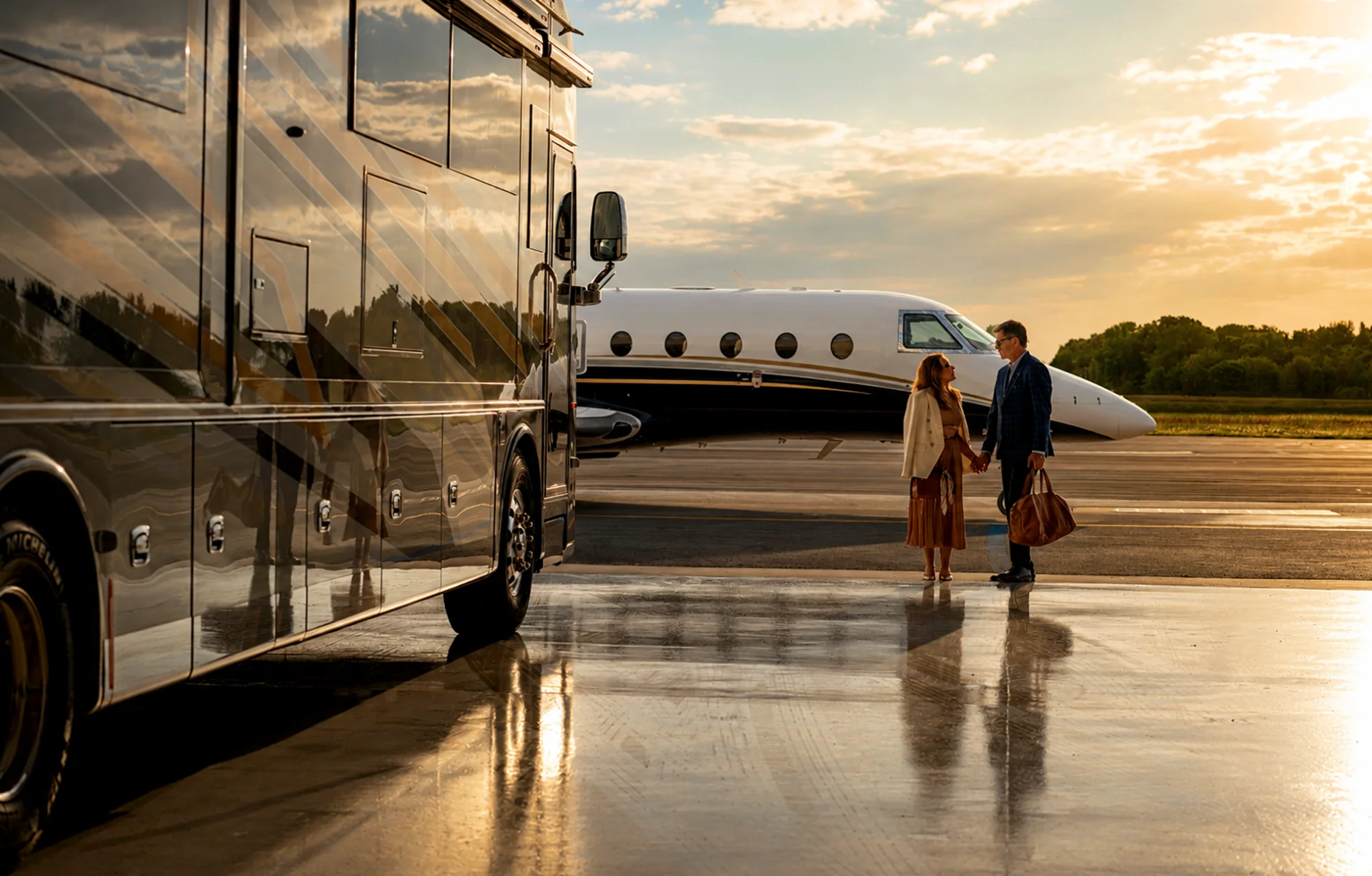 Luxury motorhome parked near a private jet on an airstrip at sunset with dramatic clouds.