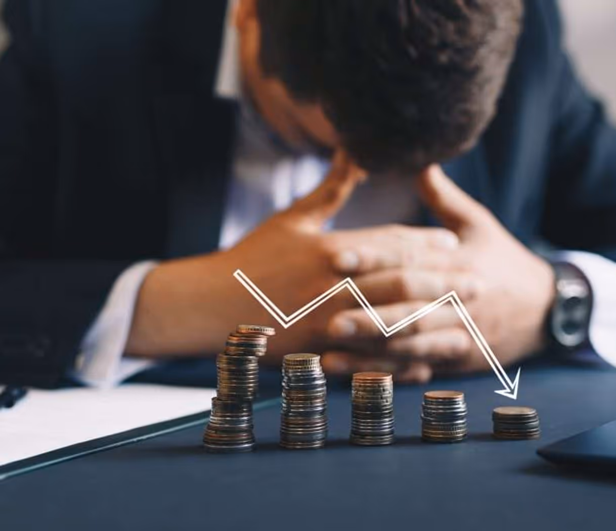 Stacked coins decreasing in height with a downward arrow overlay and a stressed man in a suit sitting with his head bowed in the background.